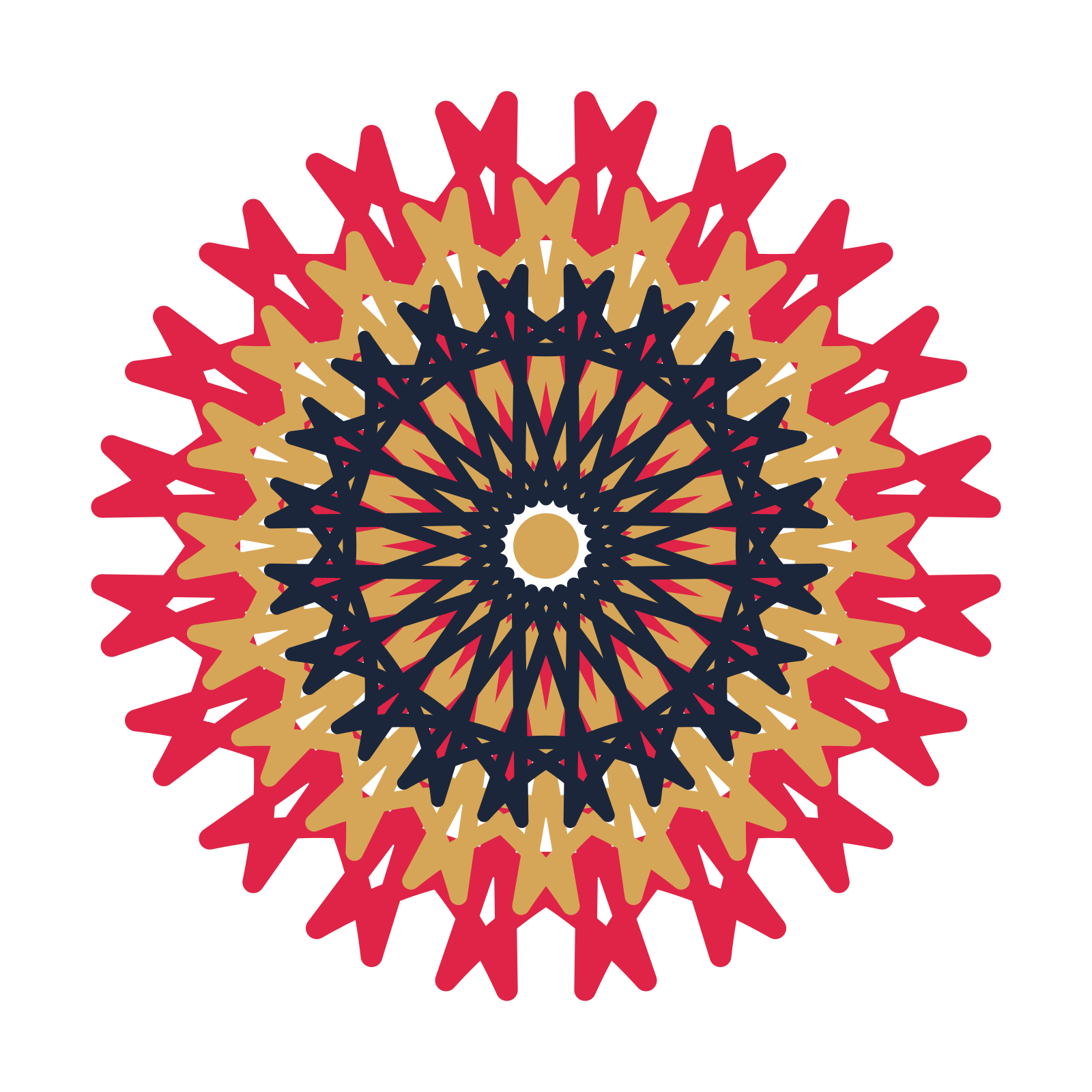 A layered bell rosette with 20-fold radial symmetry and 3 alternating rings of petals.