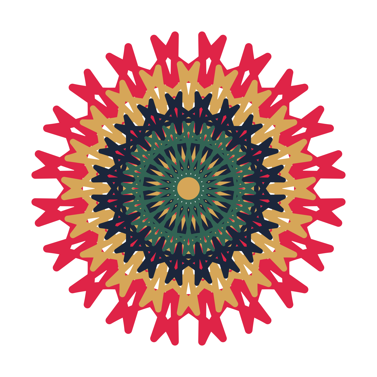 A layered bell rosette with 20-fold radial symmetry and 4 alternating rings of petals.