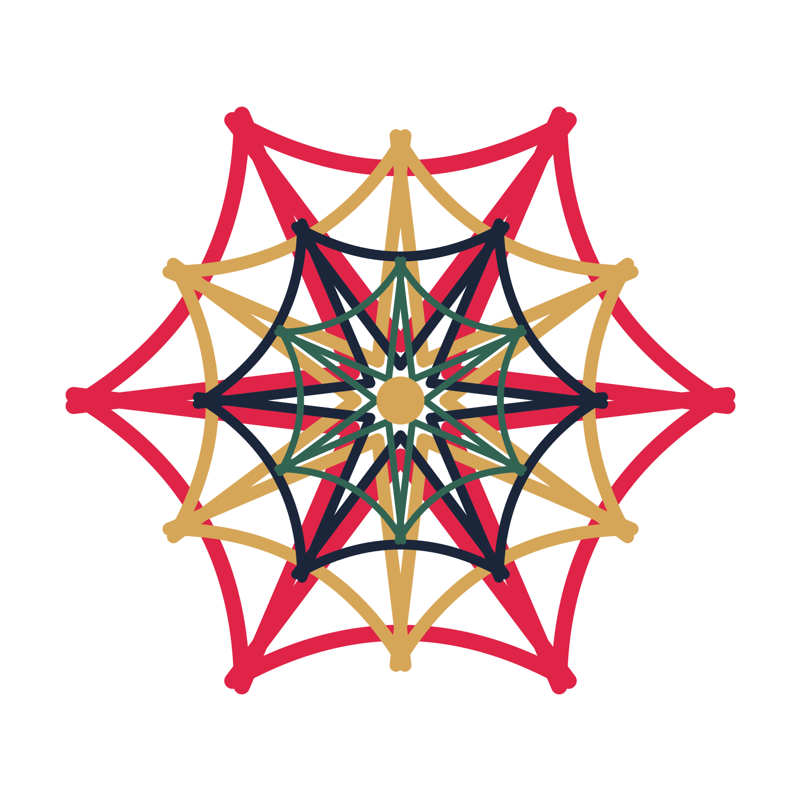 A layered bell rosette with 6-fold radial symmetry and 4 alternating rings of petals.