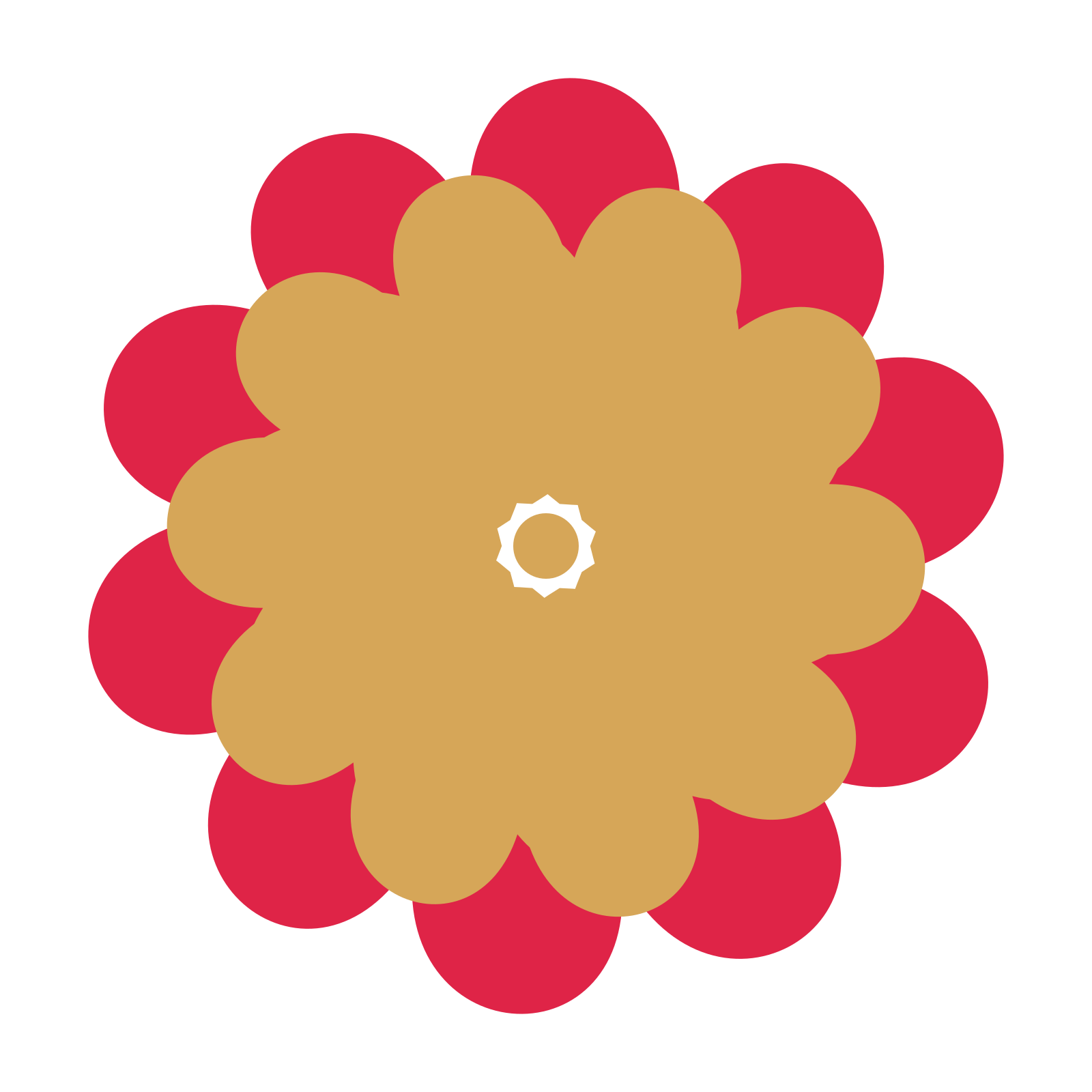 A layered clover rosette with 10-fold radial symmetry and 2 alternating rings of petals.