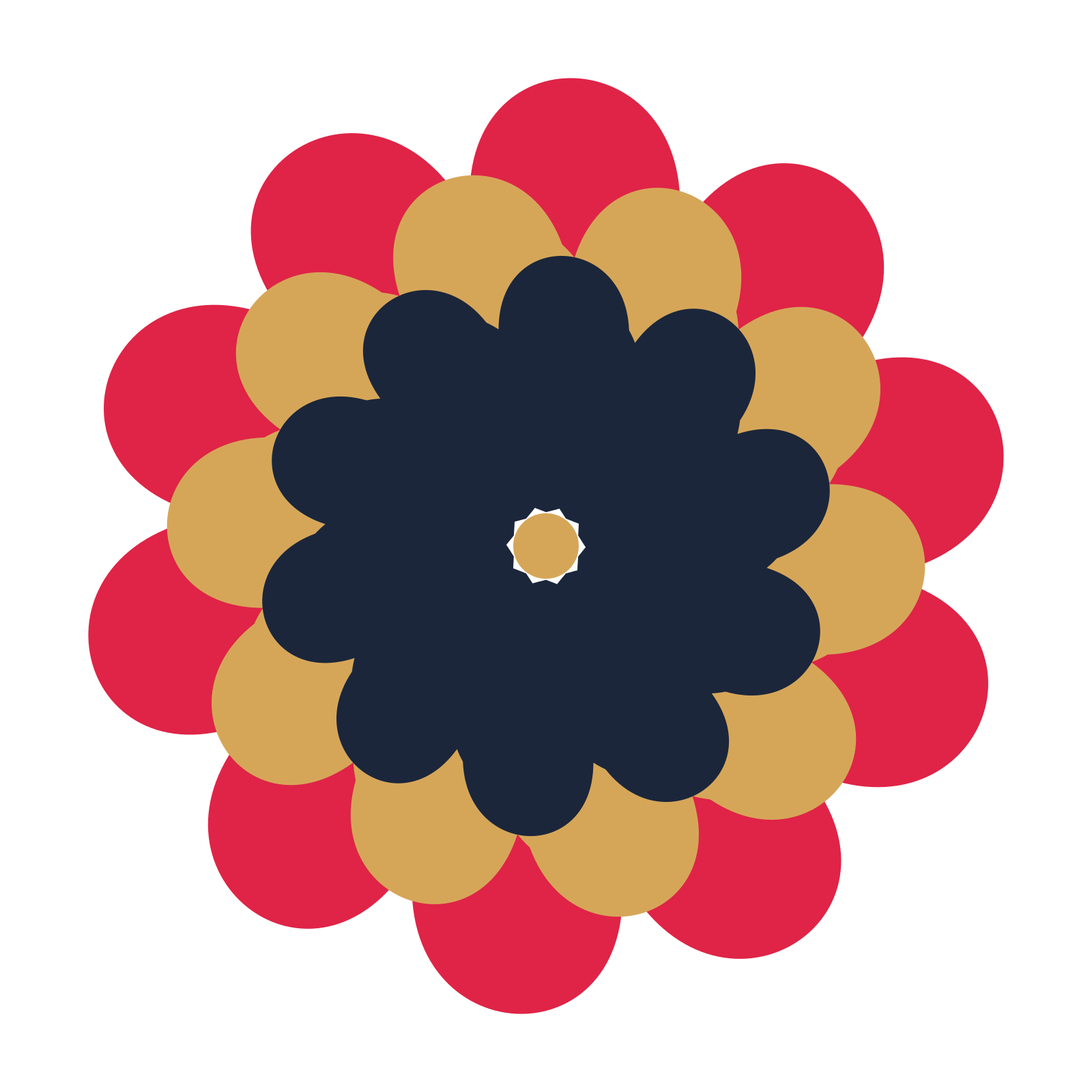 A layered clover rosette with 10-fold radial symmetry and 3 alternating rings of petals.