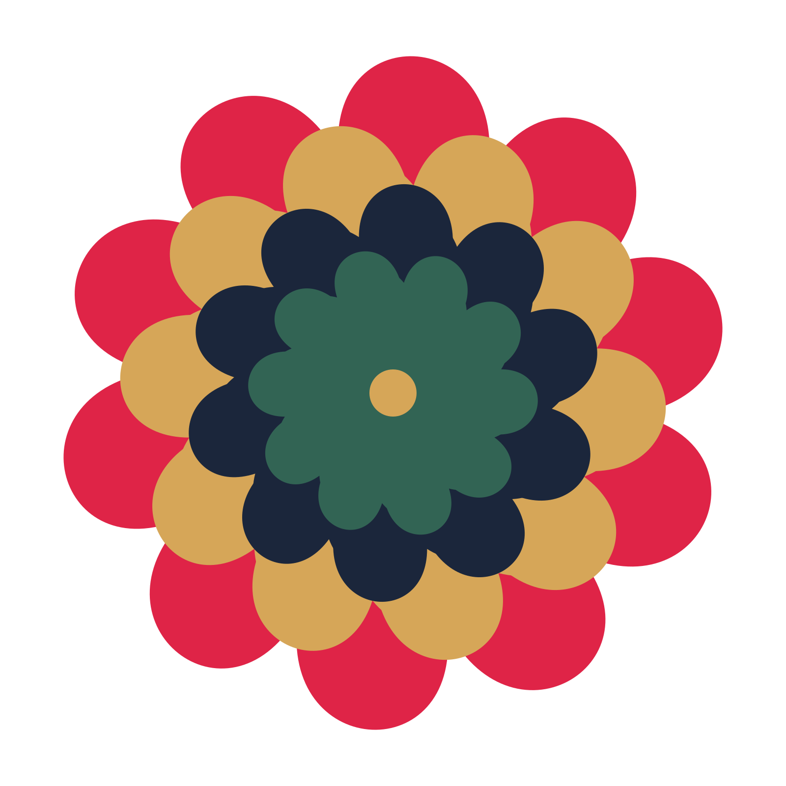 A layered clover rosette with 10-fold radial symmetry and 4 alternating rings of petals.