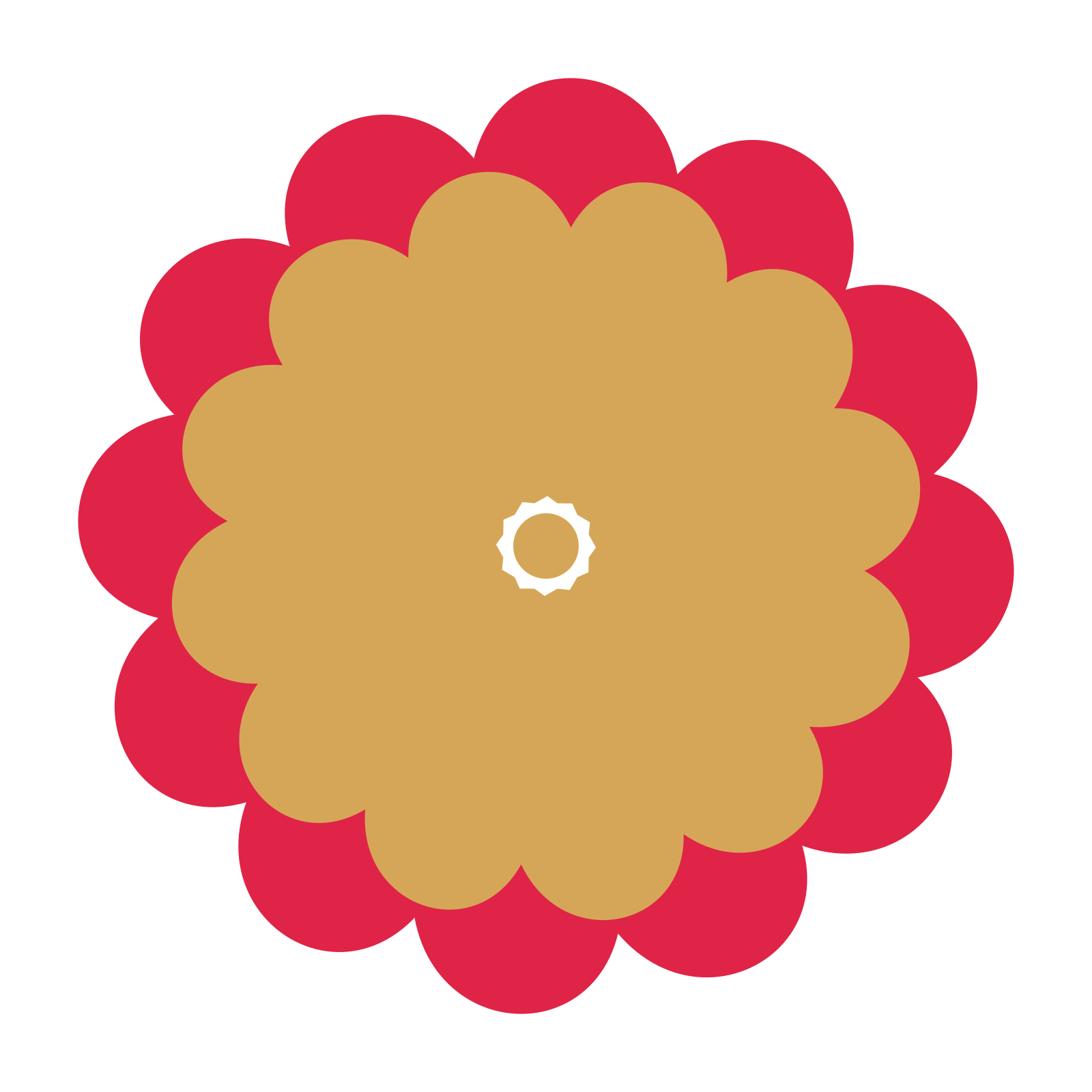 A layered clover rosette with 12-fold radial symmetry and 2 alternating rings of petals.