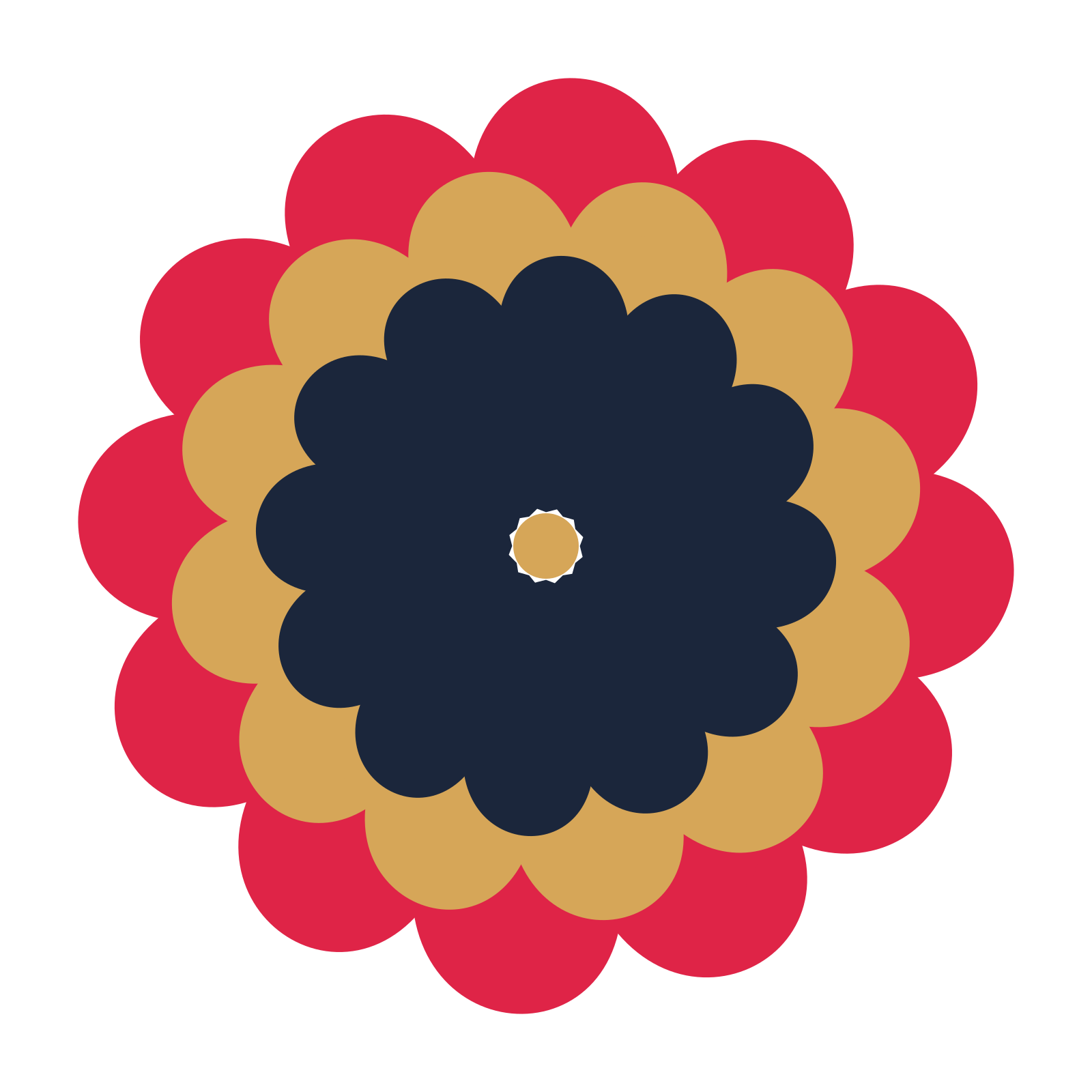 A layered clover rosette with 12-fold radial symmetry and 3 alternating rings of petals.