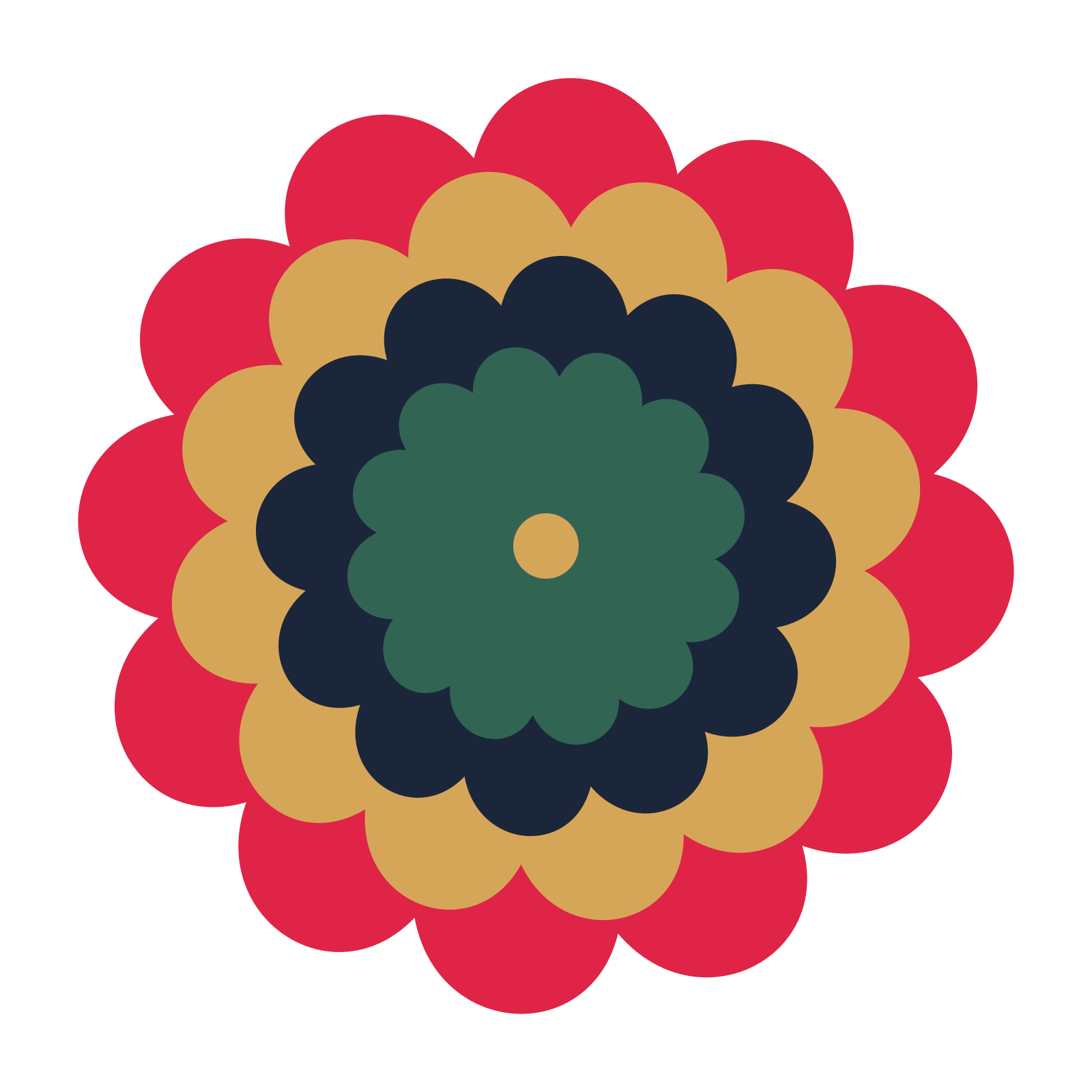 A layered clover rosette with 12-fold radial symmetry and 4 alternating rings of petals.