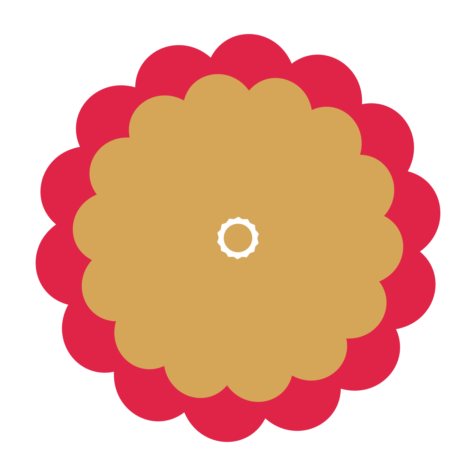 A layered clover rosette with 14-fold radial symmetry and 2 alternating rings of petals.