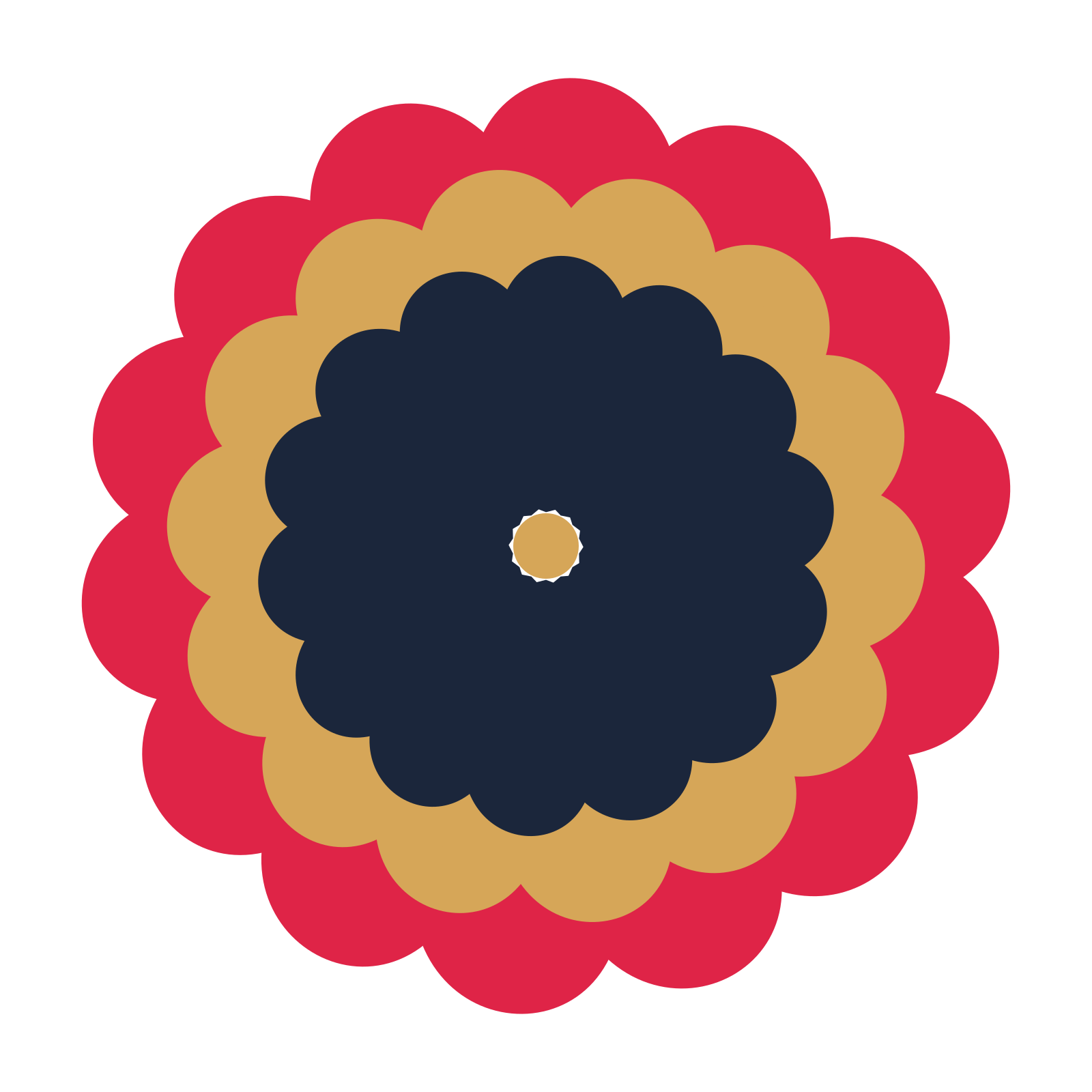 A layered clover rosette with 14-fold radial symmetry and 3 alternating rings of petals.