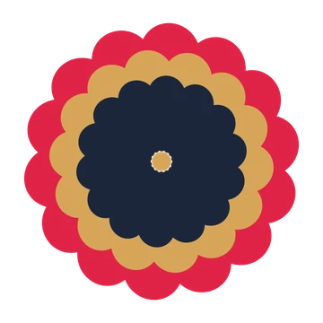 A layered clover rosette with 14-fold radial symmetry and 3 alternating rings of petals.