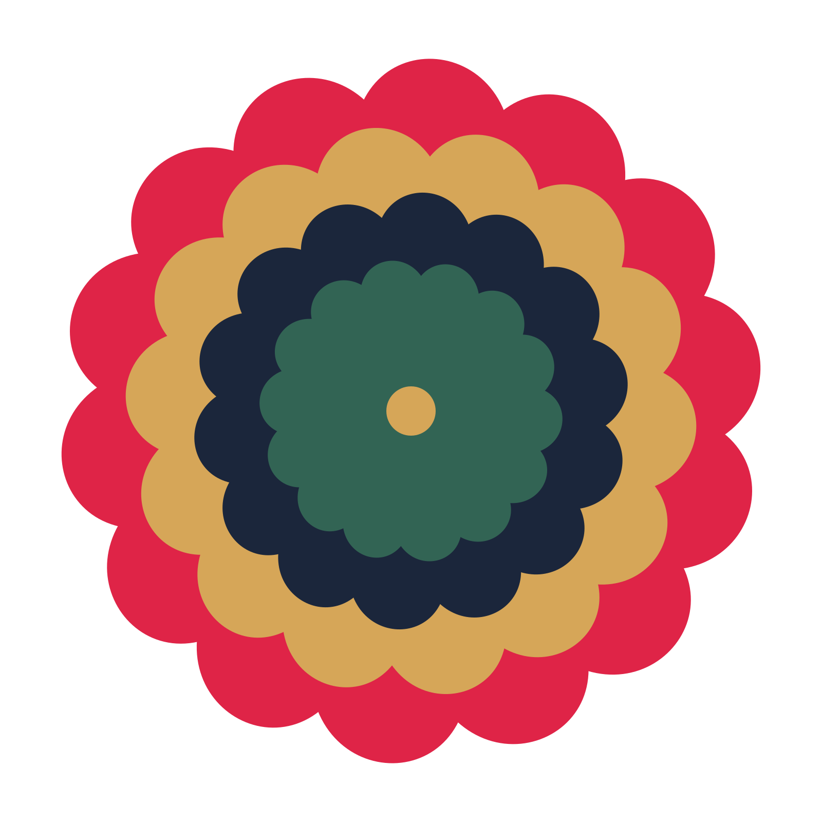 A layered clover rosette with 14-fold radial symmetry and 4 alternating rings of petals.