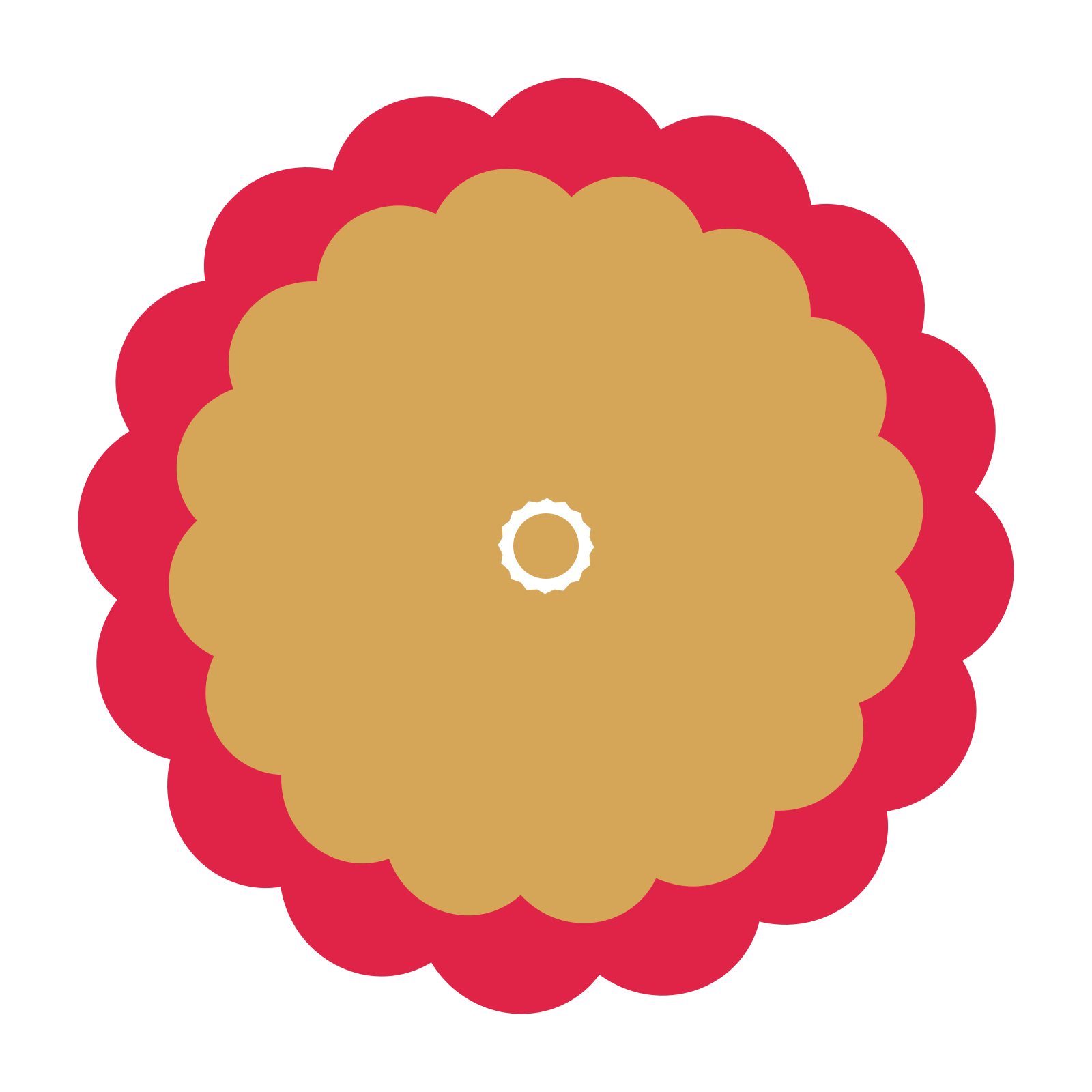 A layered clover rosette with 16-fold radial symmetry and 2 alternating rings of petals.