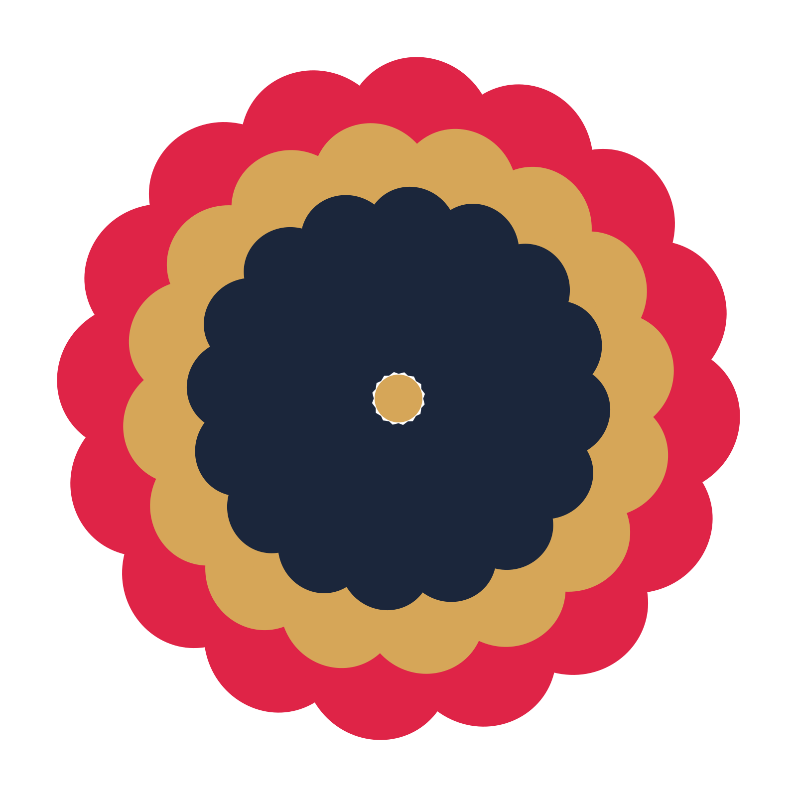 A layered clover rosette with 16-fold radial symmetry and 3 alternating rings of petals.