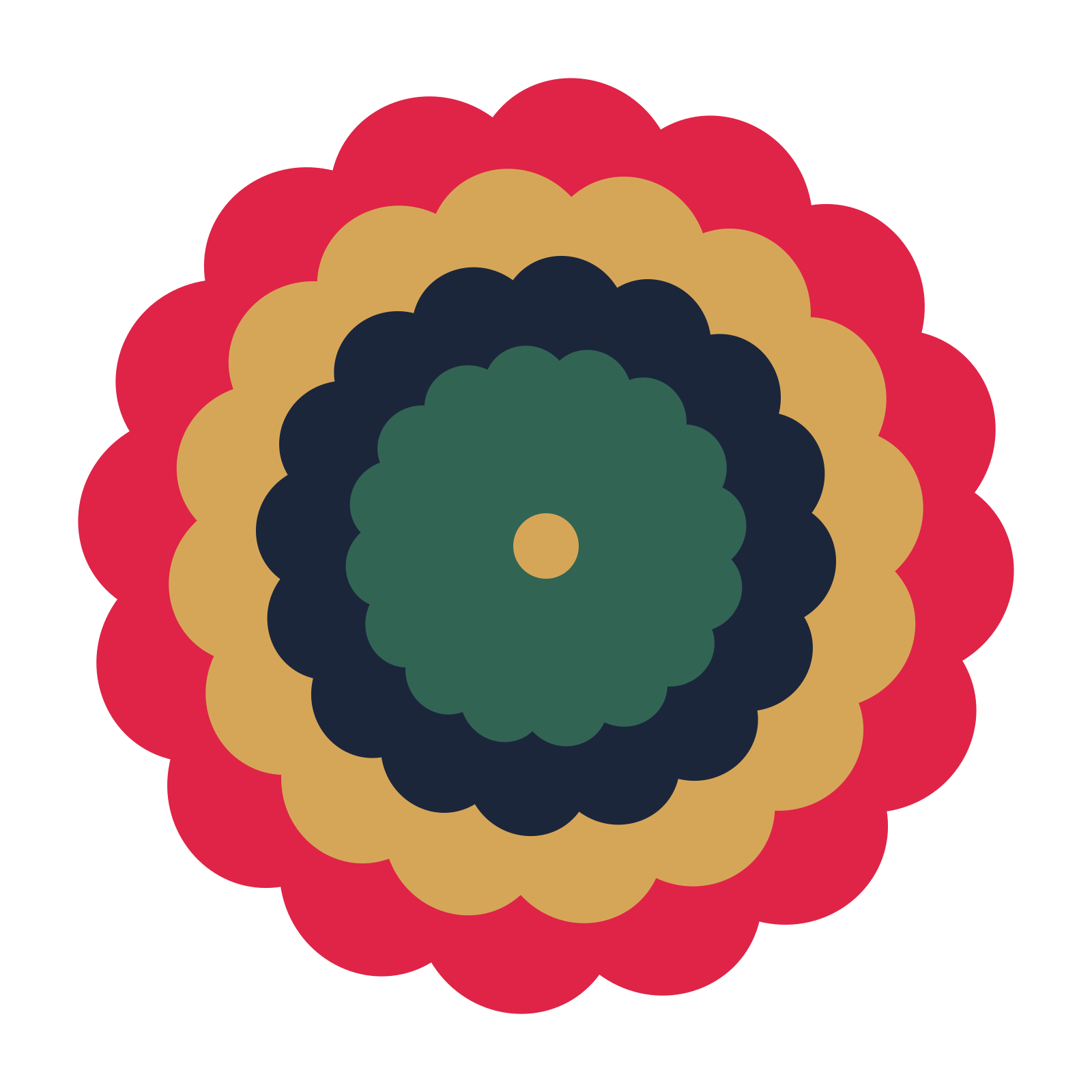 A layered clover rosette with 16-fold radial symmetry and 4 alternating rings of petals.