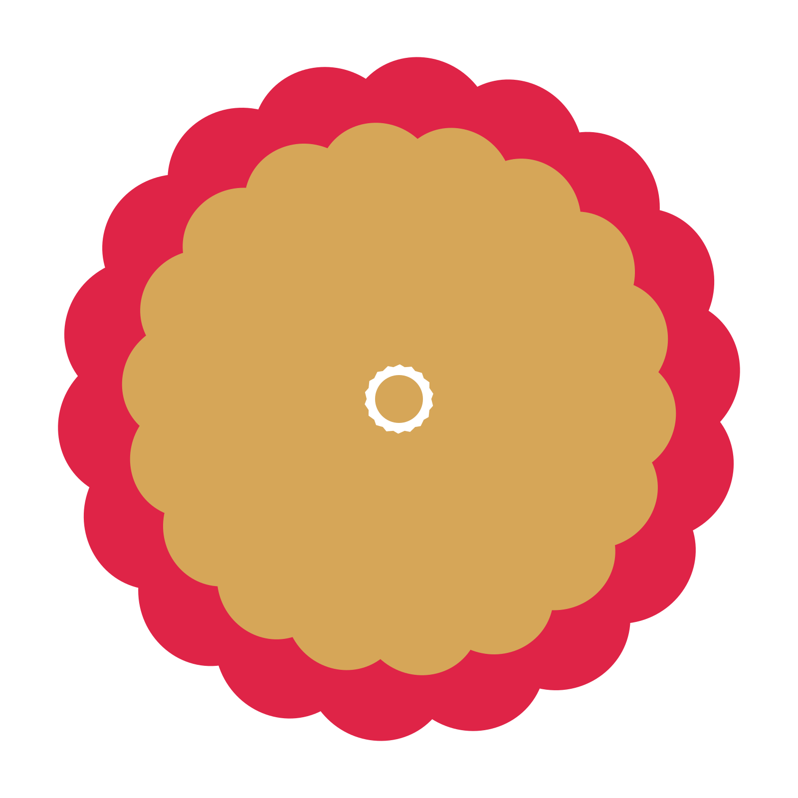 A layered clover rosette with 18-fold radial symmetry and 2 alternating rings of petals.
