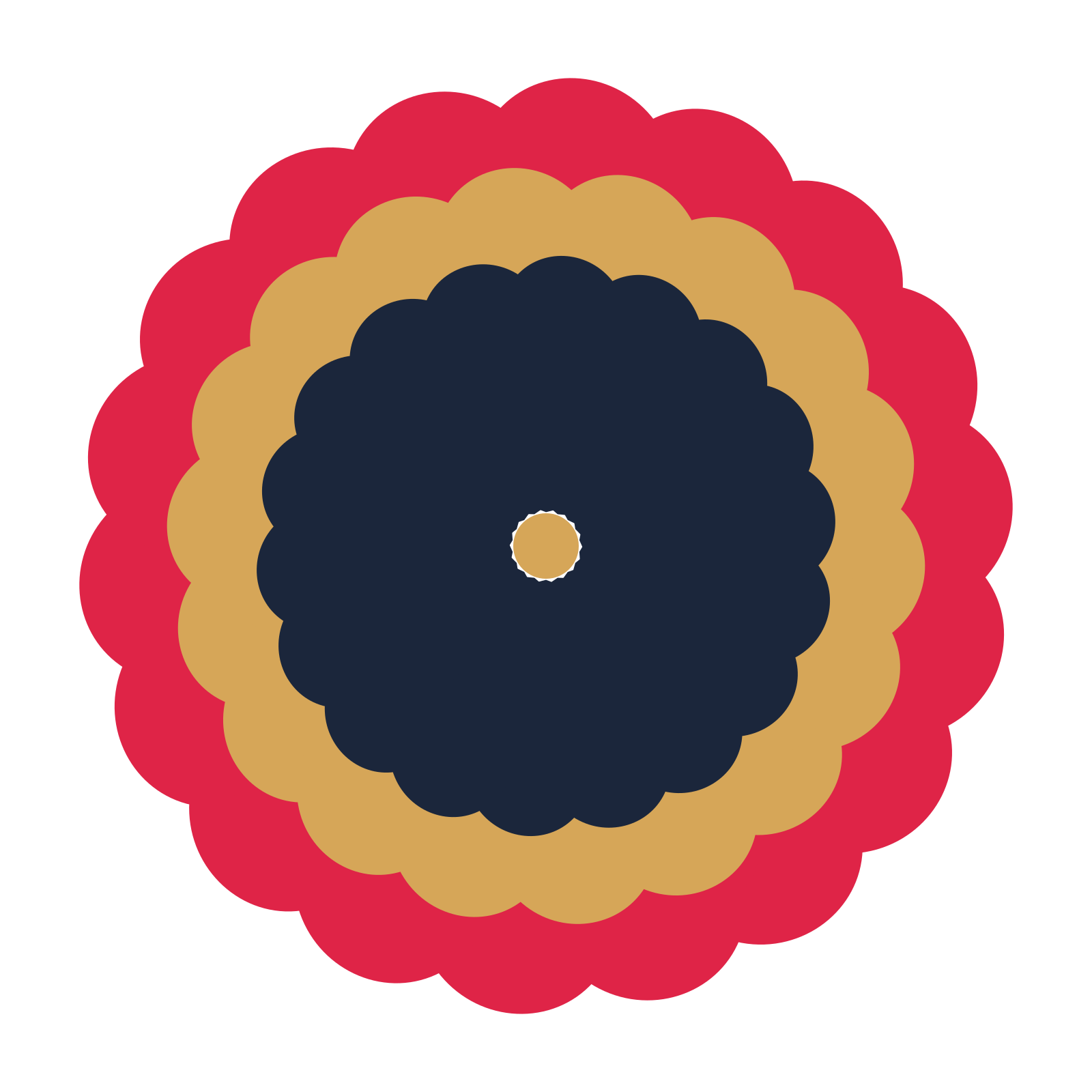 A layered clover rosette with 18-fold radial symmetry and 3 alternating rings of petals.