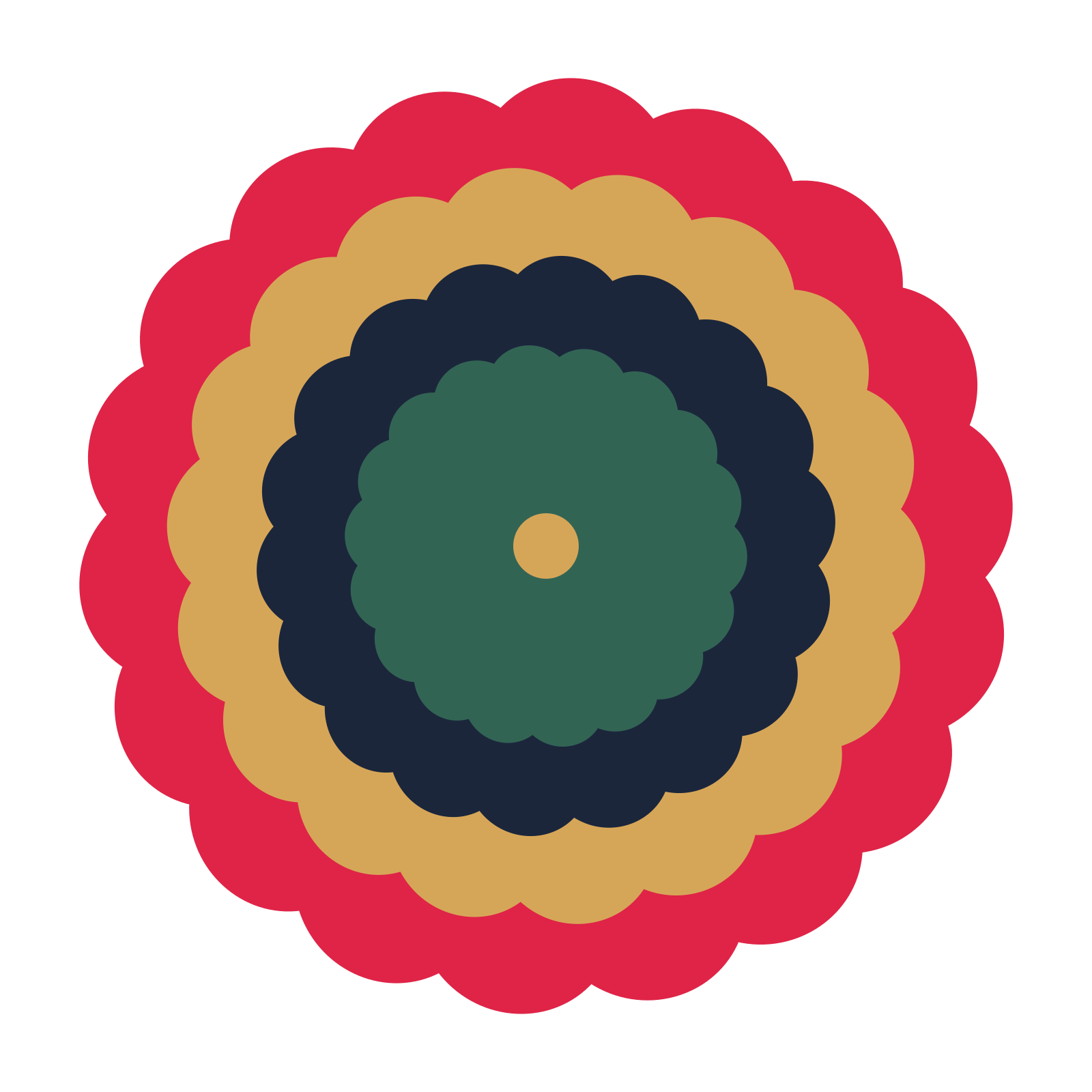 A layered clover rosette with 18-fold radial symmetry and 4 alternating rings of petals.
