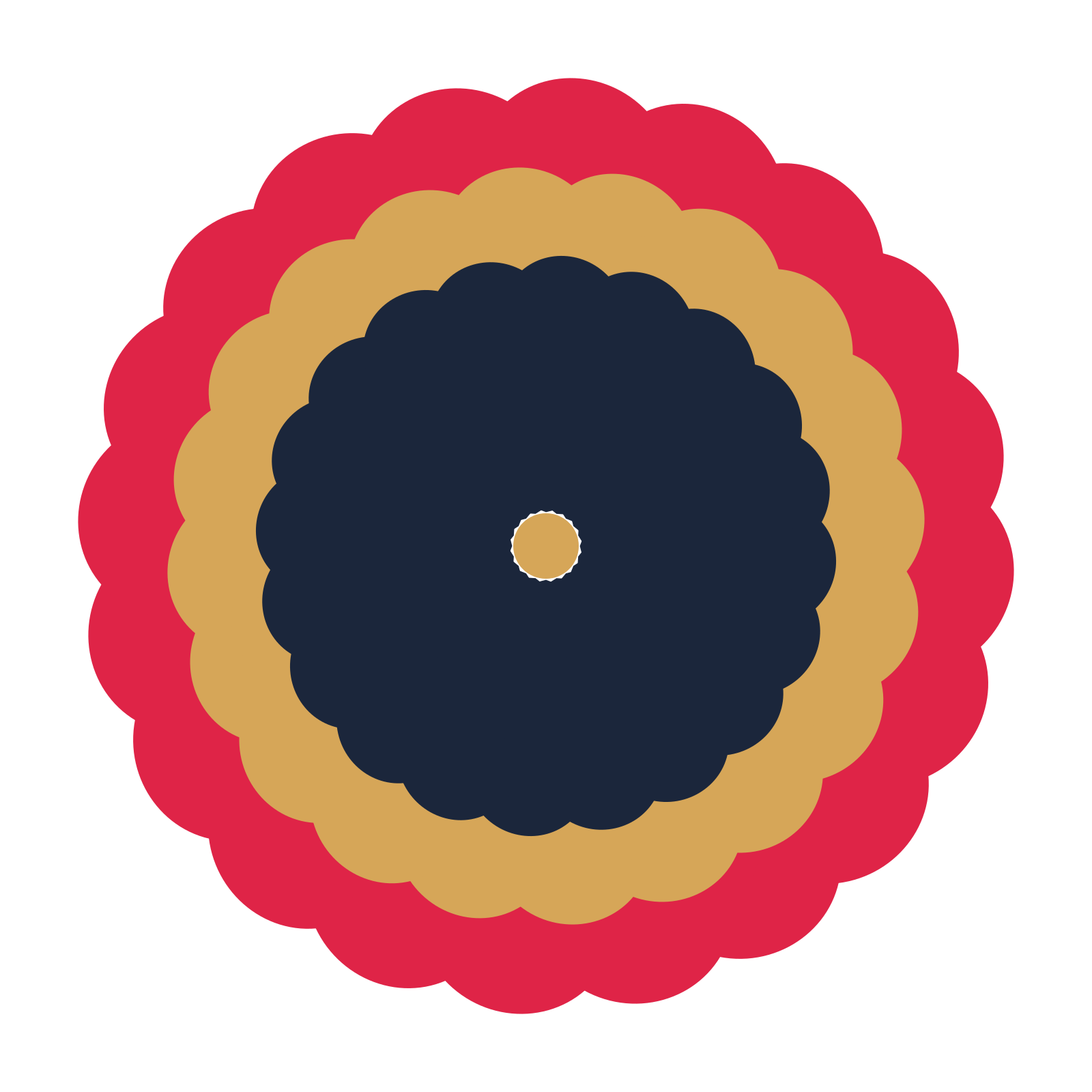 A layered clover rosette with 20-fold radial symmetry and 3 alternating rings of petals.