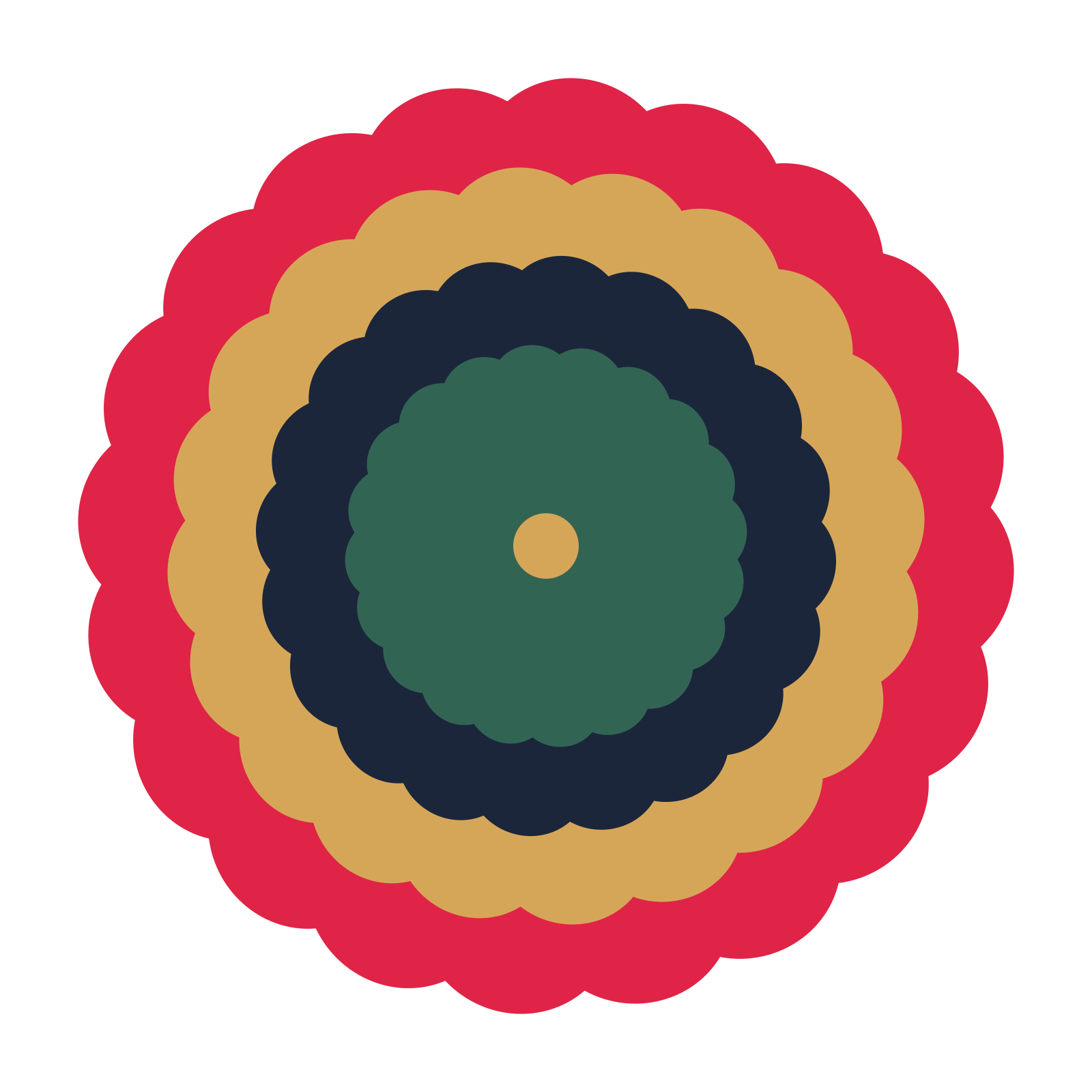 A layered clover rosette with 20-fold radial symmetry and 4 alternating rings of petals.