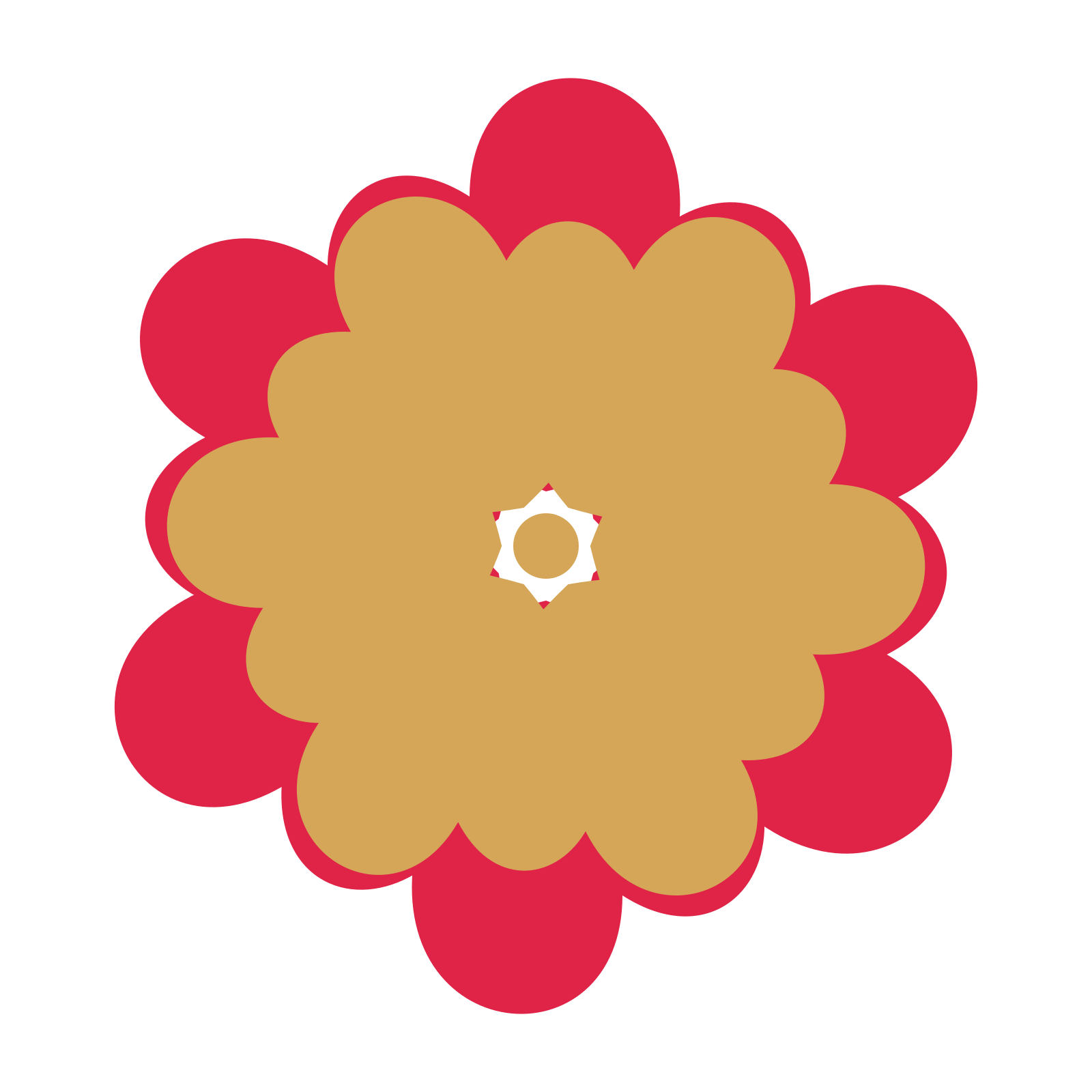 A layered clover rosette with 6-fold radial symmetry and 2 alternating rings of petals.