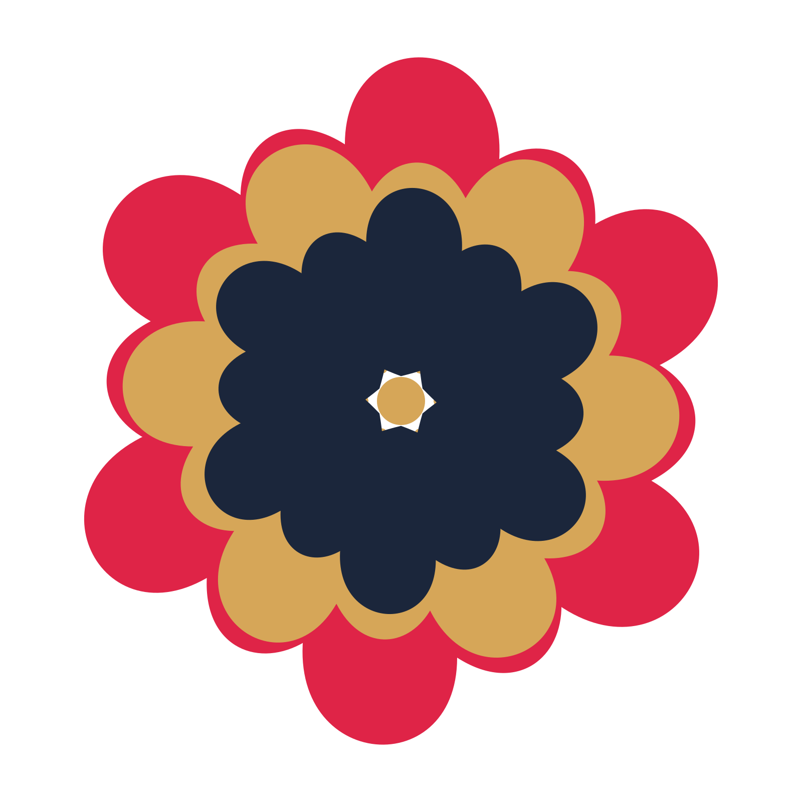 A layered clover rosette with 6-fold radial symmetry and 3 alternating rings of petals.