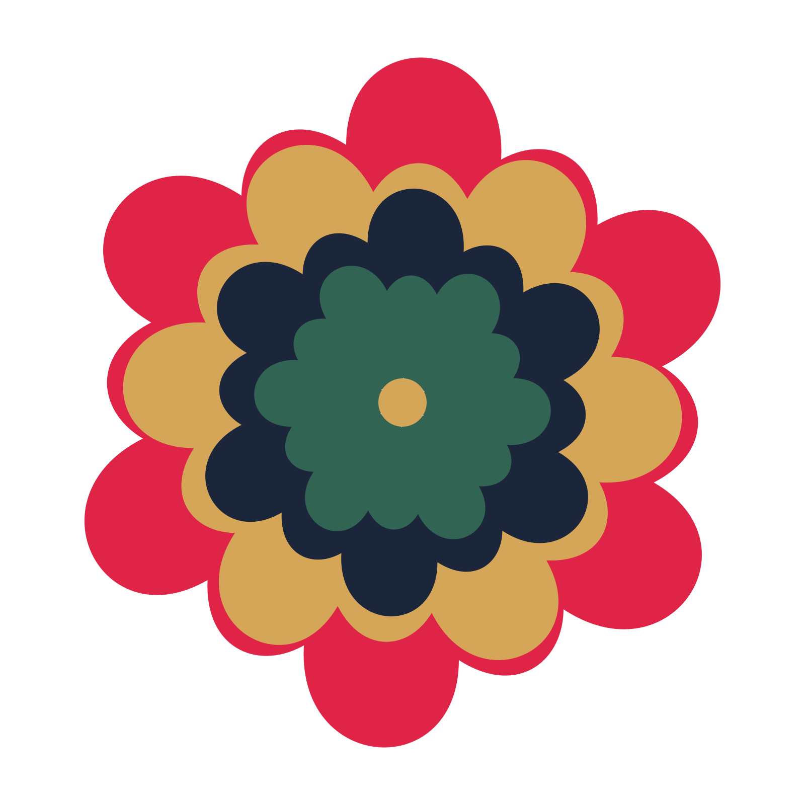 A layered clover rosette with 6-fold radial symmetry and 4 alternating rings of petals.