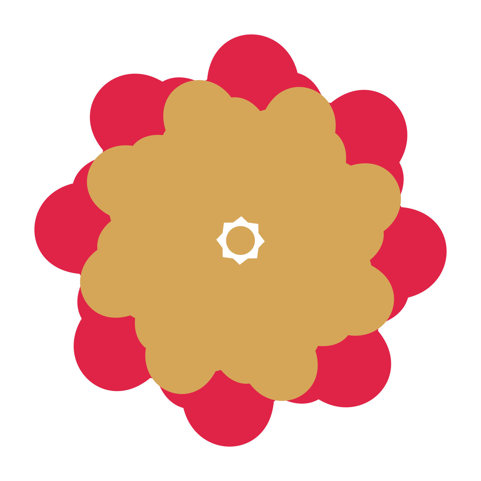 A layered clover rosette with 8-fold radial symmetry and 2 alternating rings of petals.
