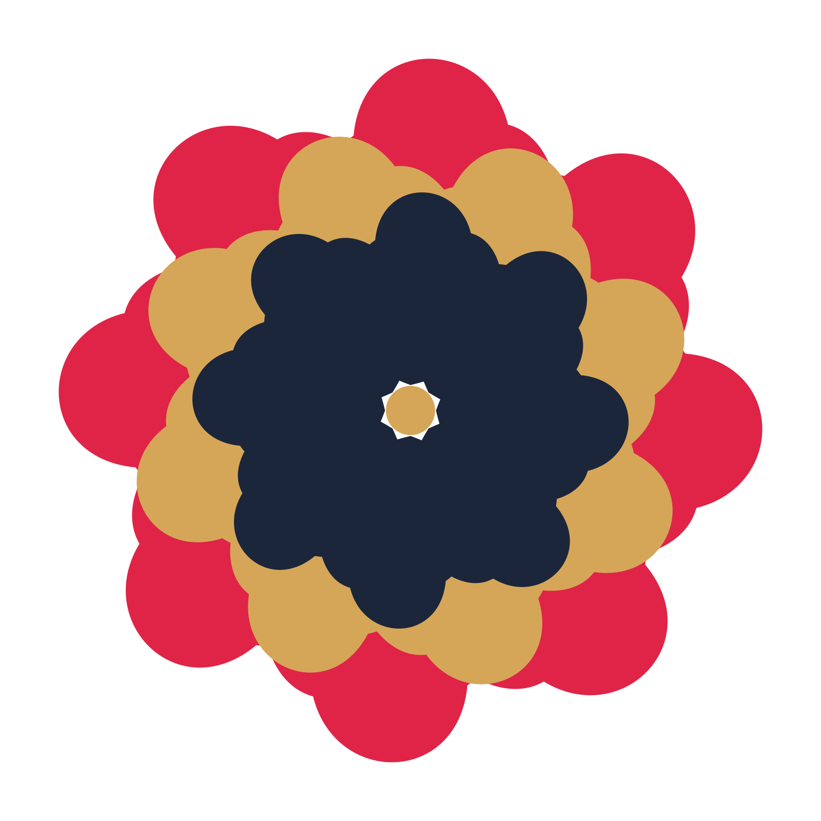 A layered clover rosette with 8-fold radial symmetry and 3 alternating rings of petals.
