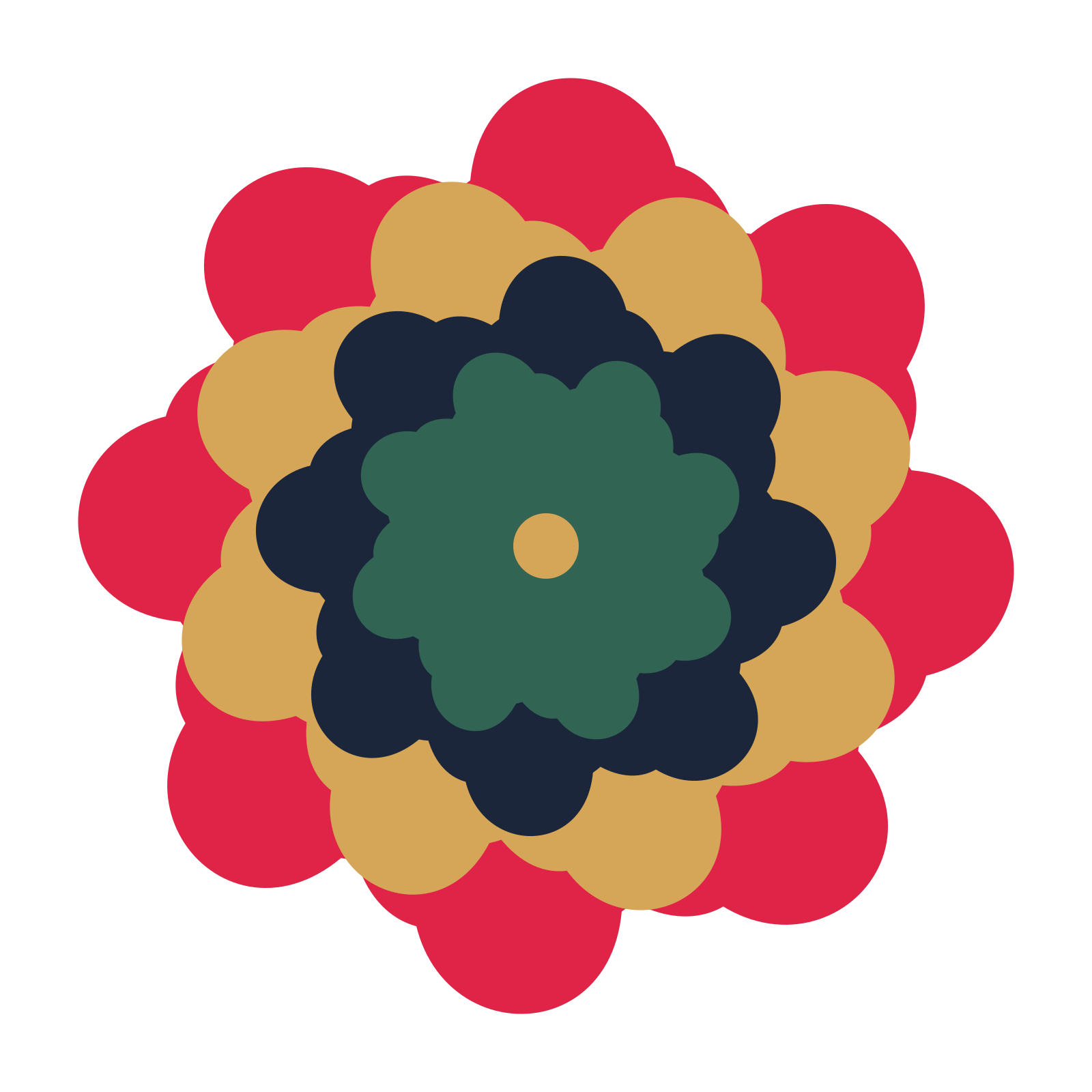 A layered clover rosette with 8-fold radial symmetry and 4 alternating rings of petals.