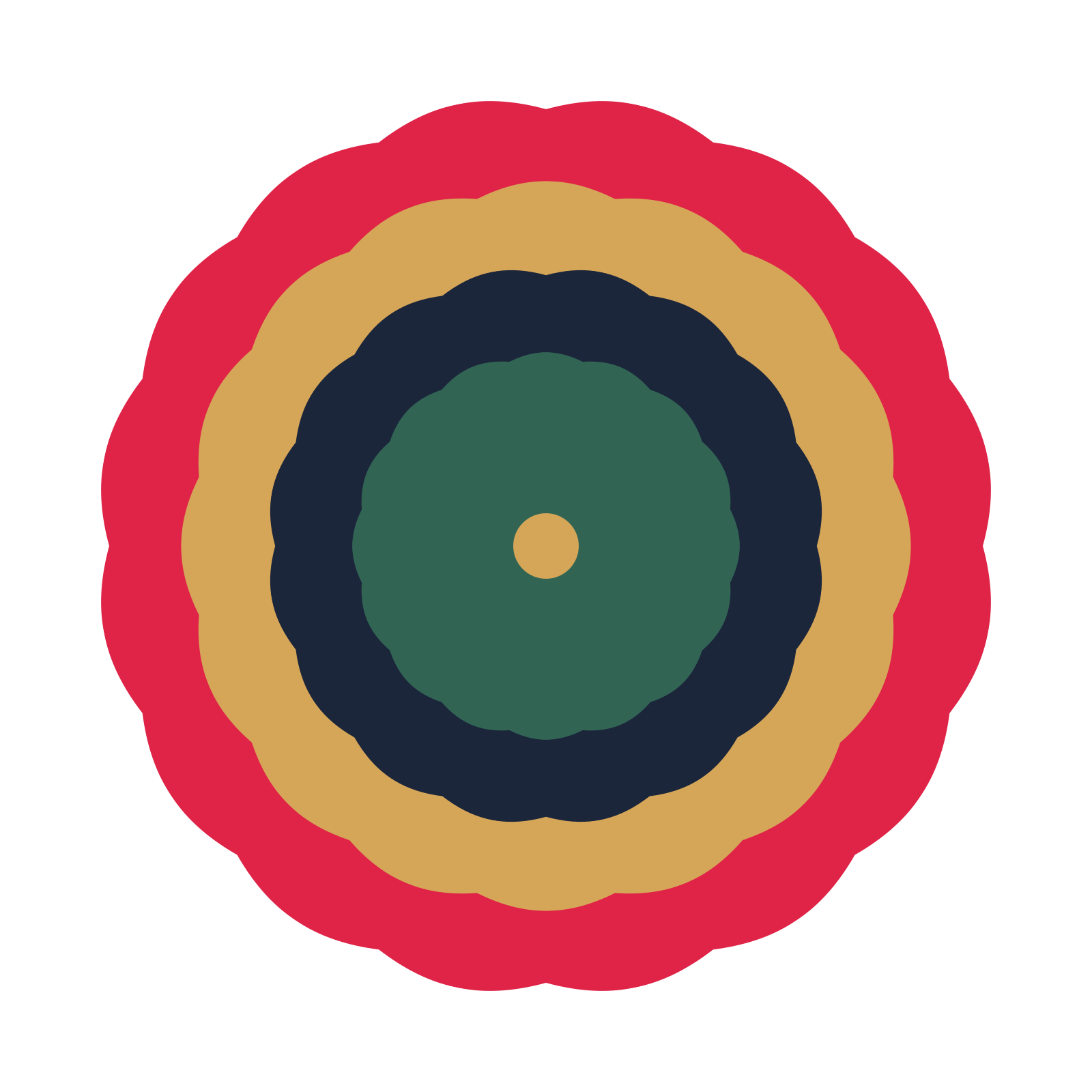 A layered cosmos rosette with 16-fold radial symmetry and 4 alternating rings of petals.