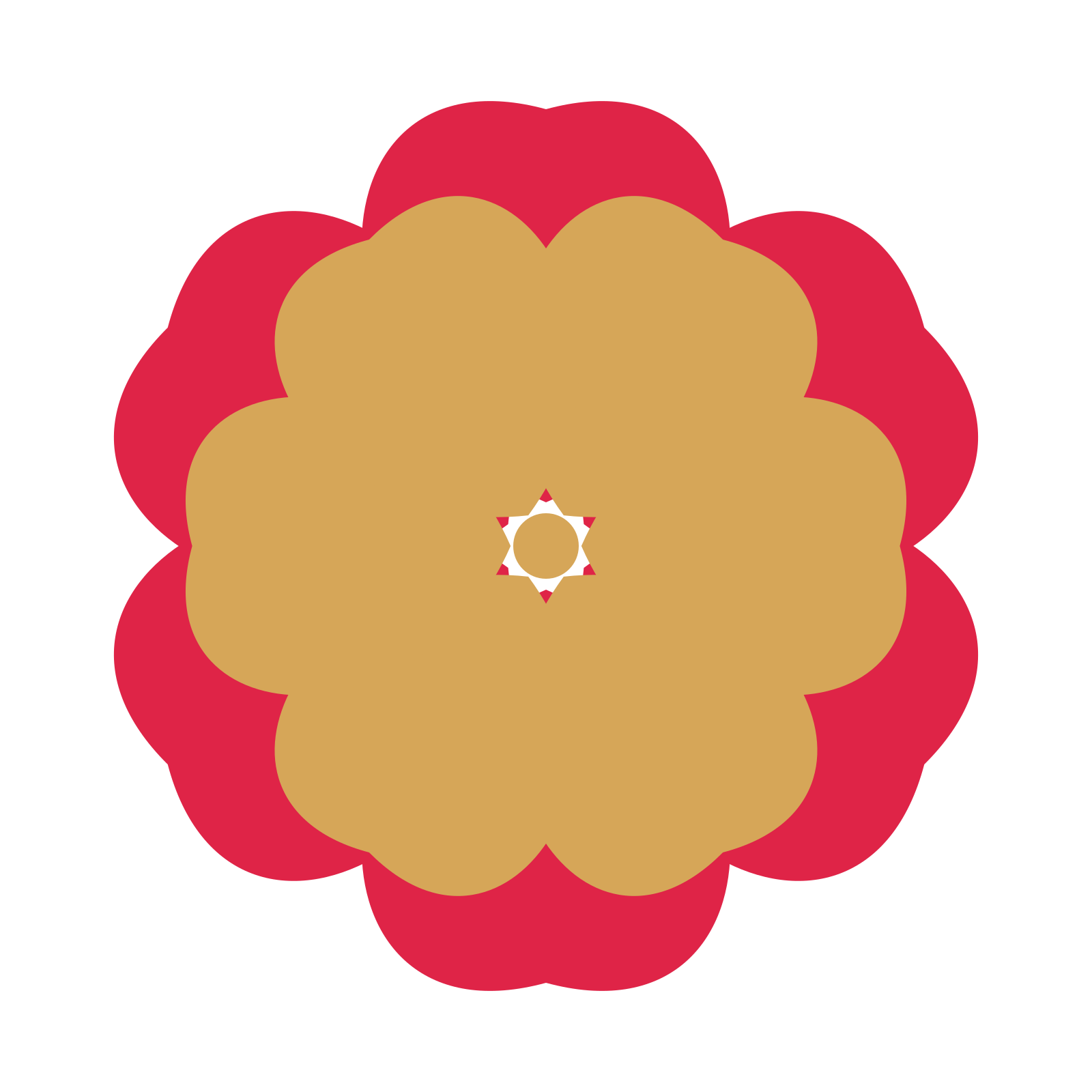 A layered cosmos rosette with 6-fold radial symmetry and 2 alternating rings of petals.