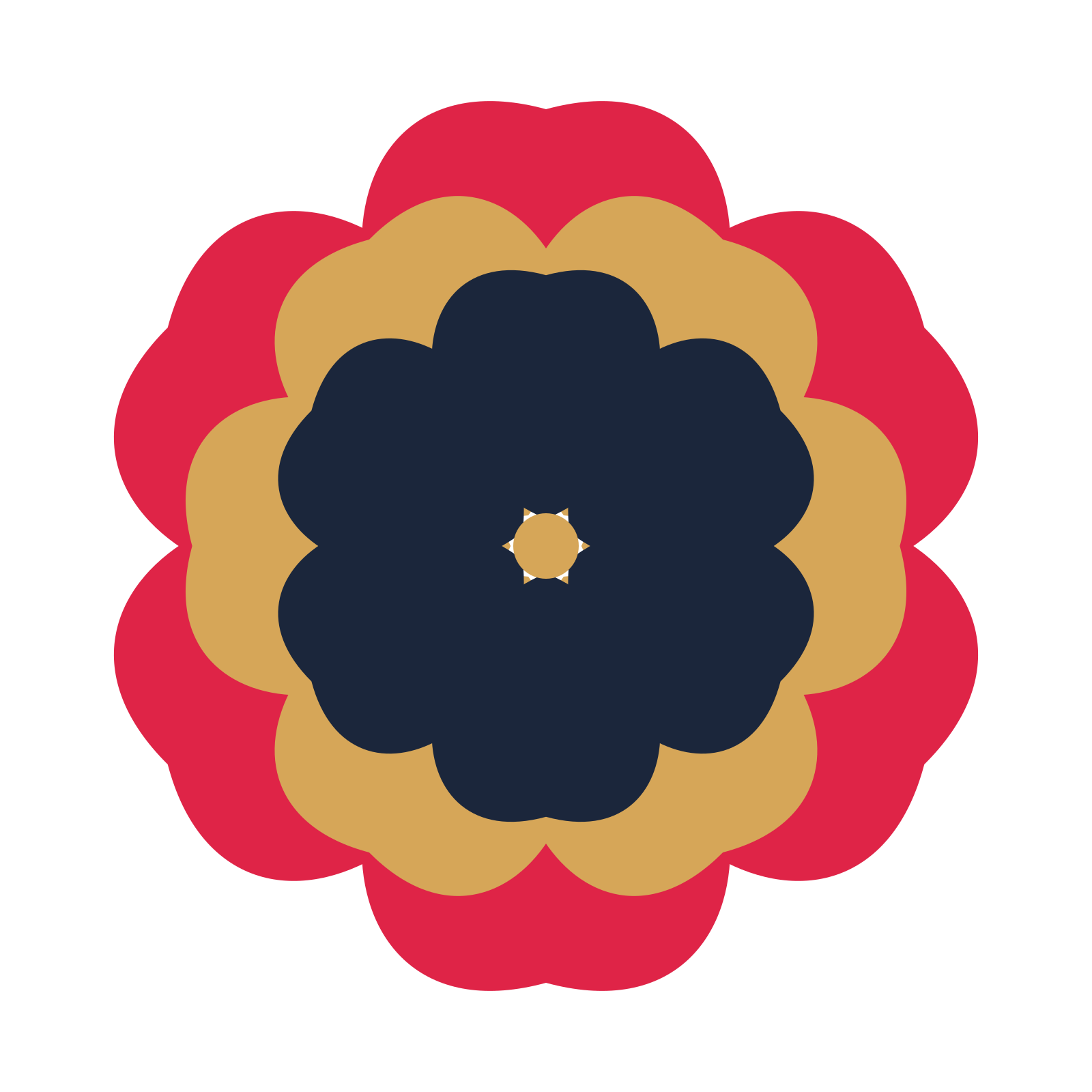 A layered cosmos rosette with 6-fold radial symmetry and 3 alternating rings of petals.