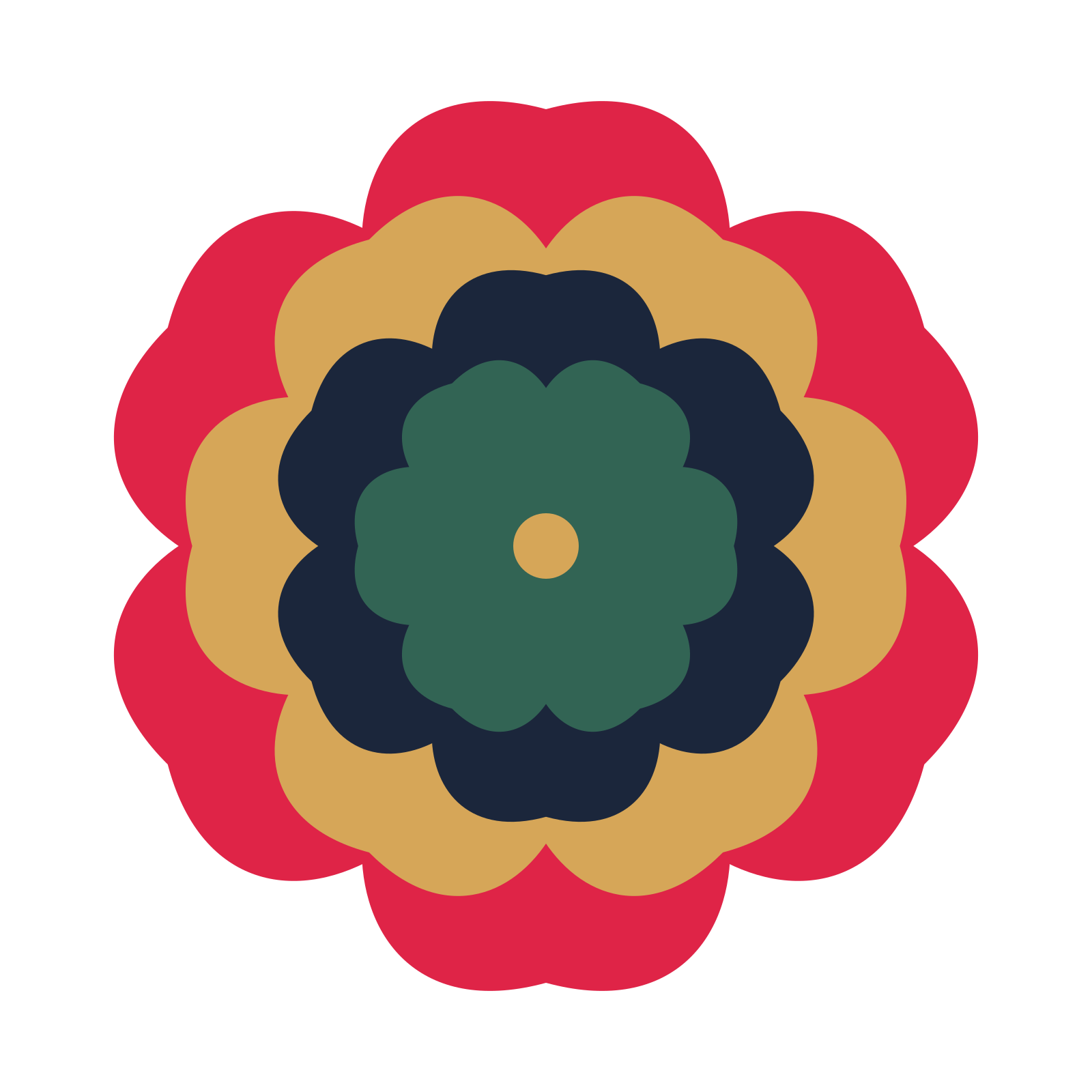 A layered cosmos rosette with 6-fold radial symmetry and 4 alternating rings of petals.