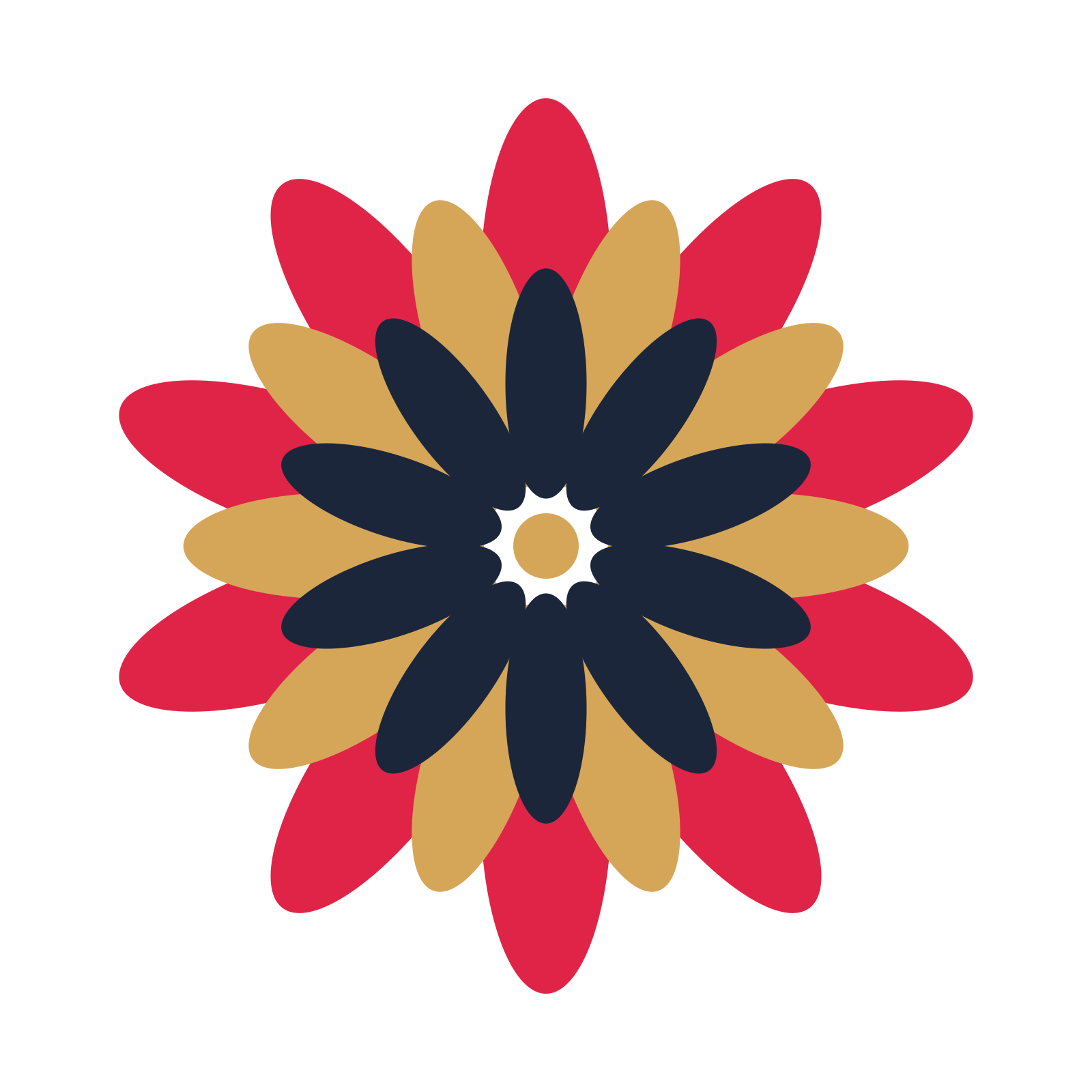 A layered daisy rosette with 10-fold radial symmetry and 3 alternating rings of petals.