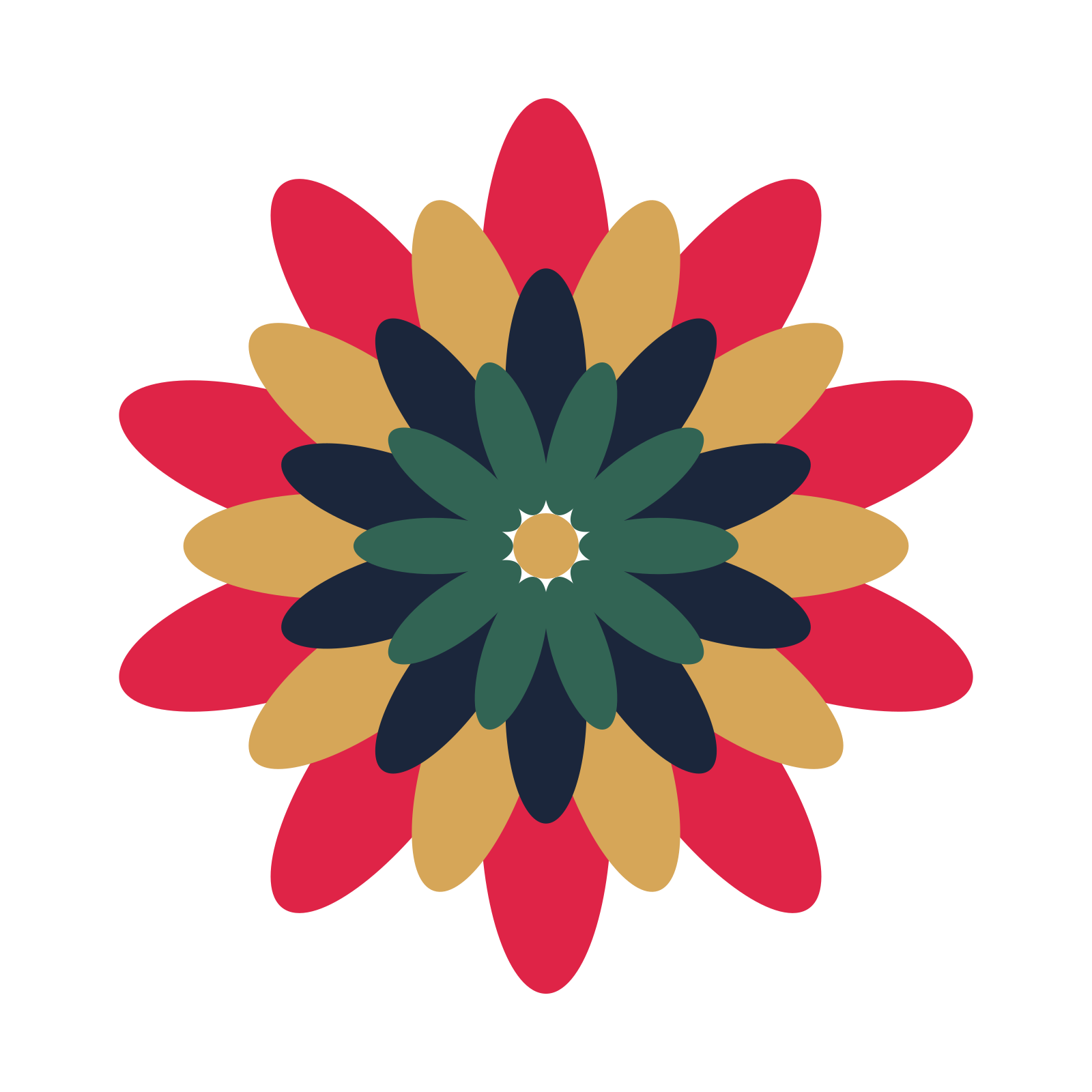 A layered daisy rosette with 10-fold radial symmetry and 4 alternating rings of petals.