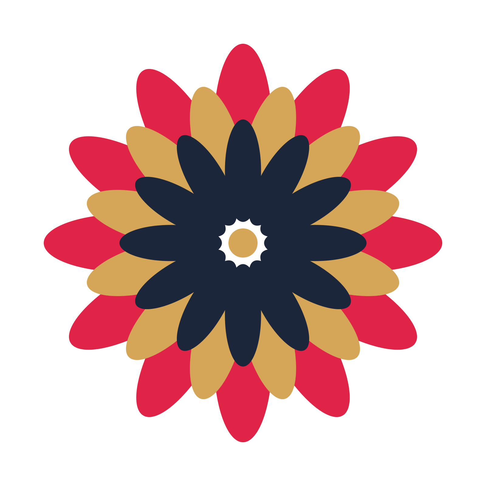 A layered daisy rosette with 12-fold radial symmetry and 3 alternating rings of petals.