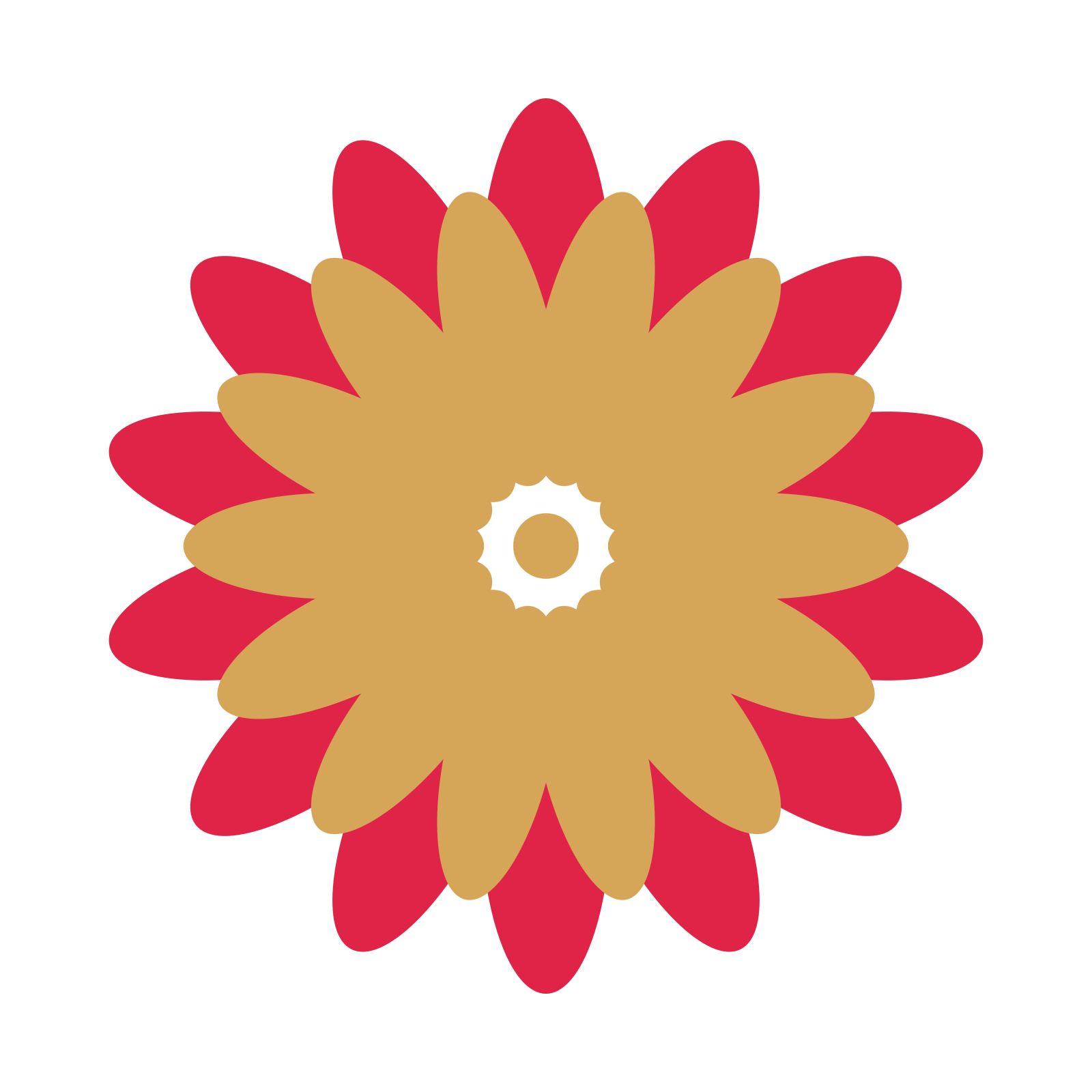 A layered daisy rosette with 14-fold radial symmetry and 2 alternating rings of petals.