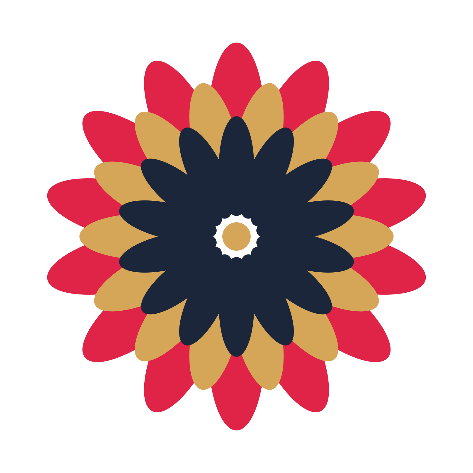 A layered daisy rosette with 14-fold radial symmetry and 3 alternating rings of petals.