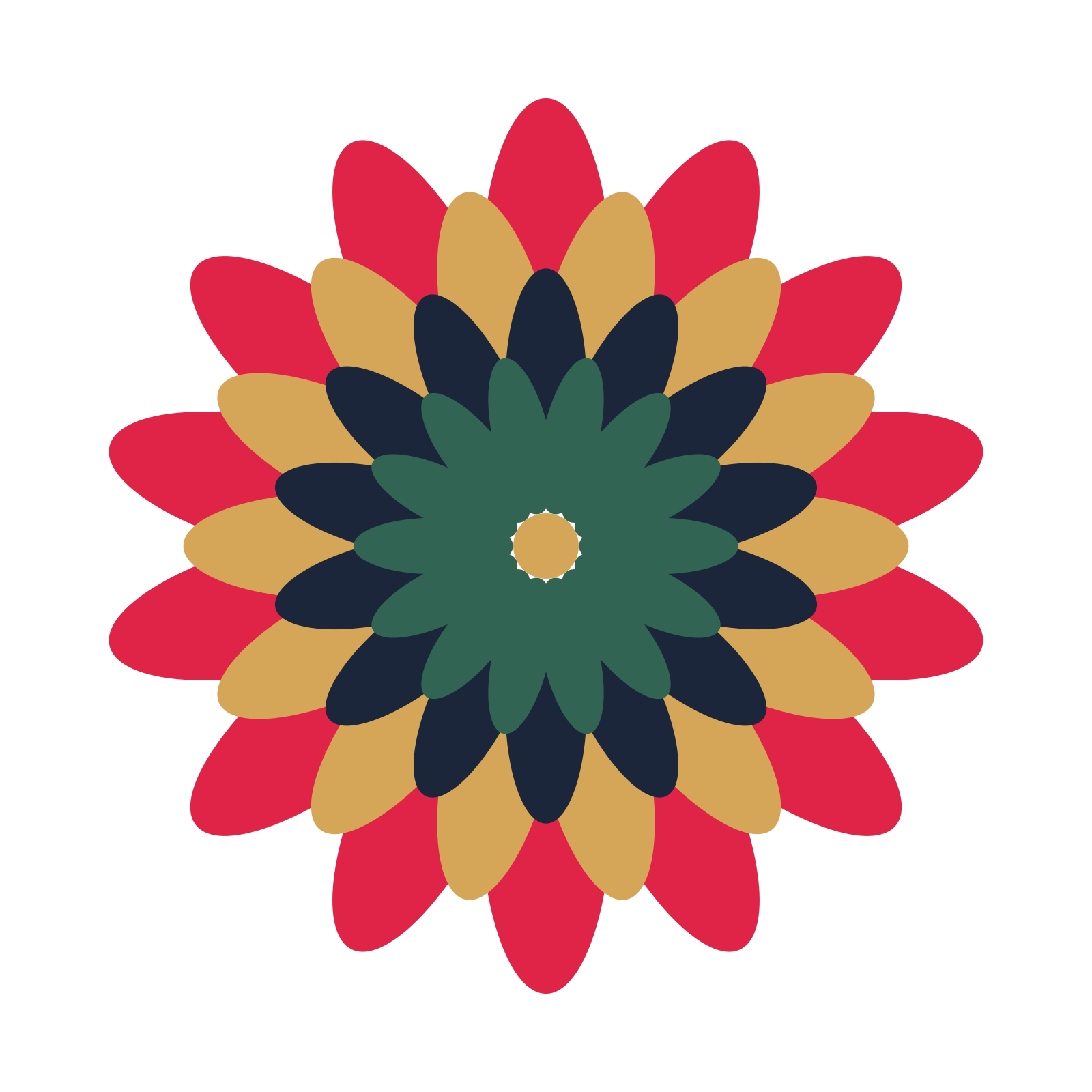 A layered daisy rosette with 14-fold radial symmetry and 4 alternating rings of petals.