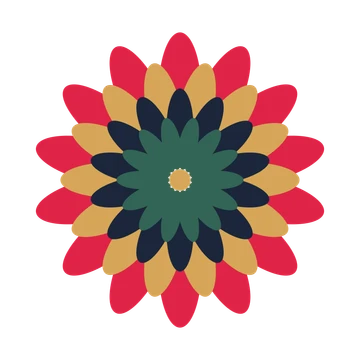 A layered daisy rosette with 14-fold radial symmetry and 4 alternating rings of petals.