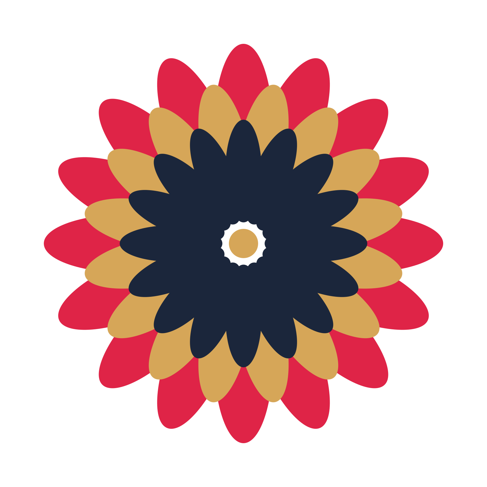 A layered daisy rosette with 16-fold radial symmetry and 3 alternating rings of petals.