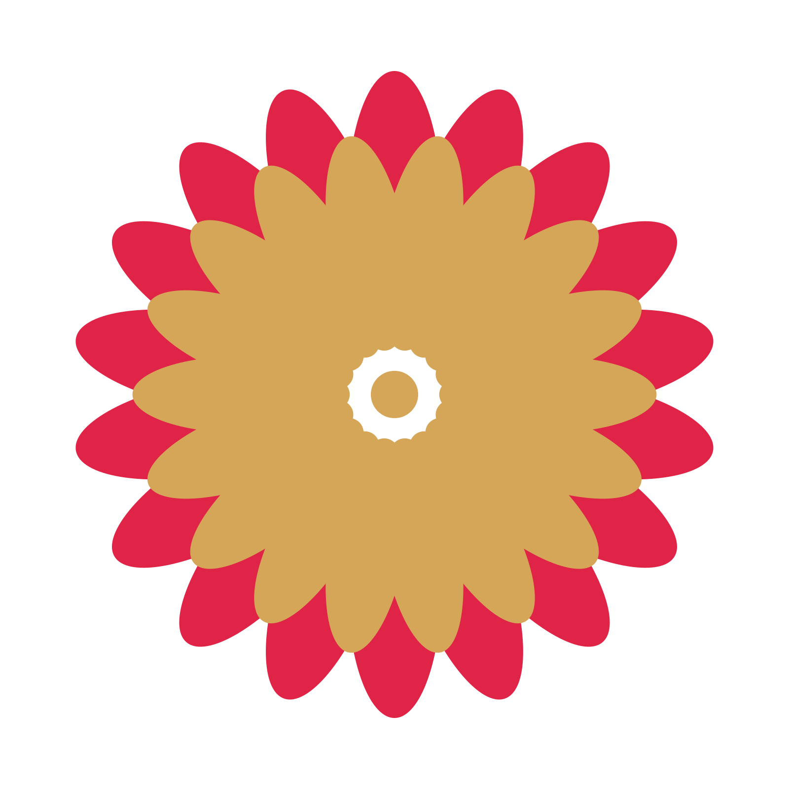 A layered daisy rosette with 18-fold radial symmetry and 2 alternating rings of petals.