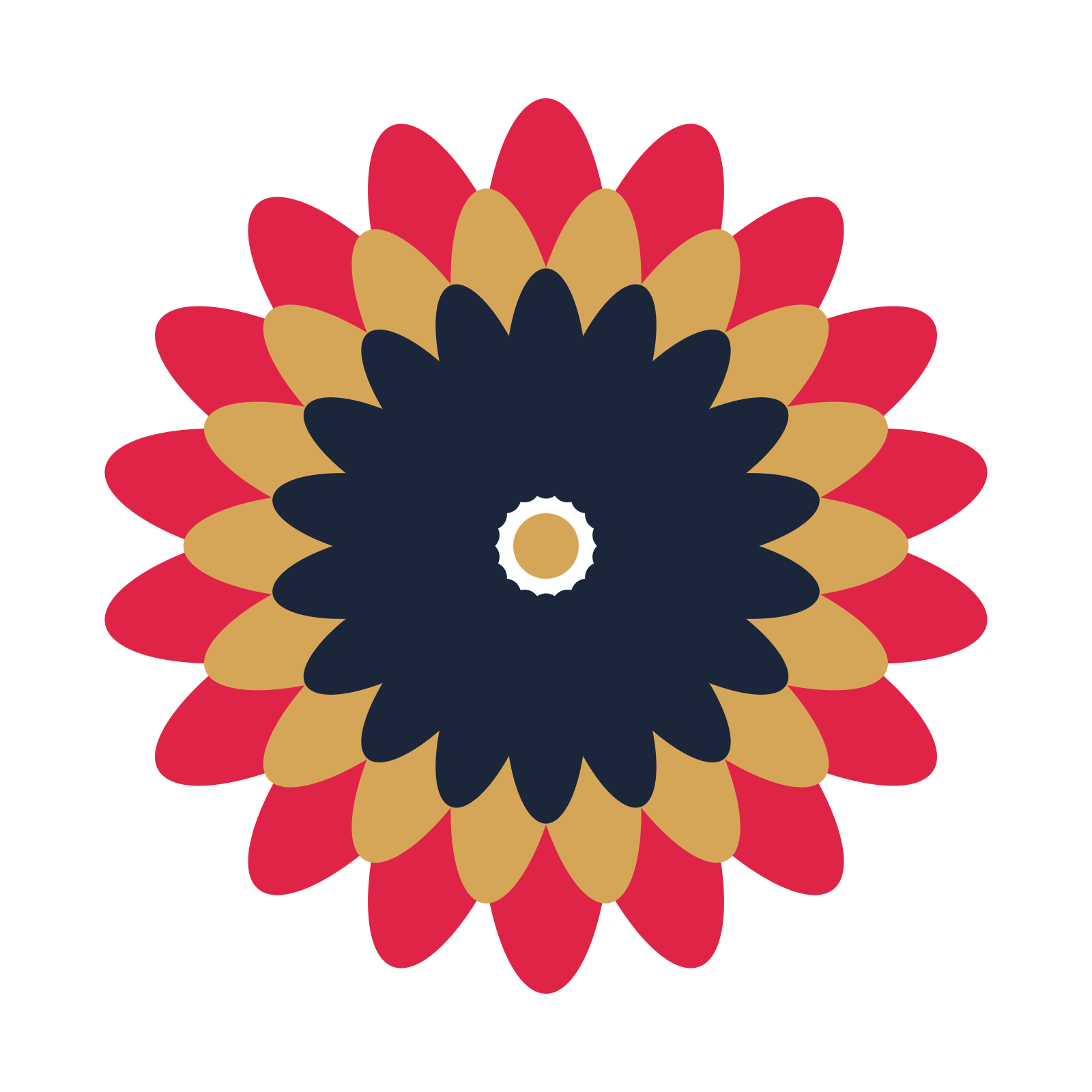 A layered daisy rosette with 18-fold radial symmetry and 3 alternating rings of petals.
