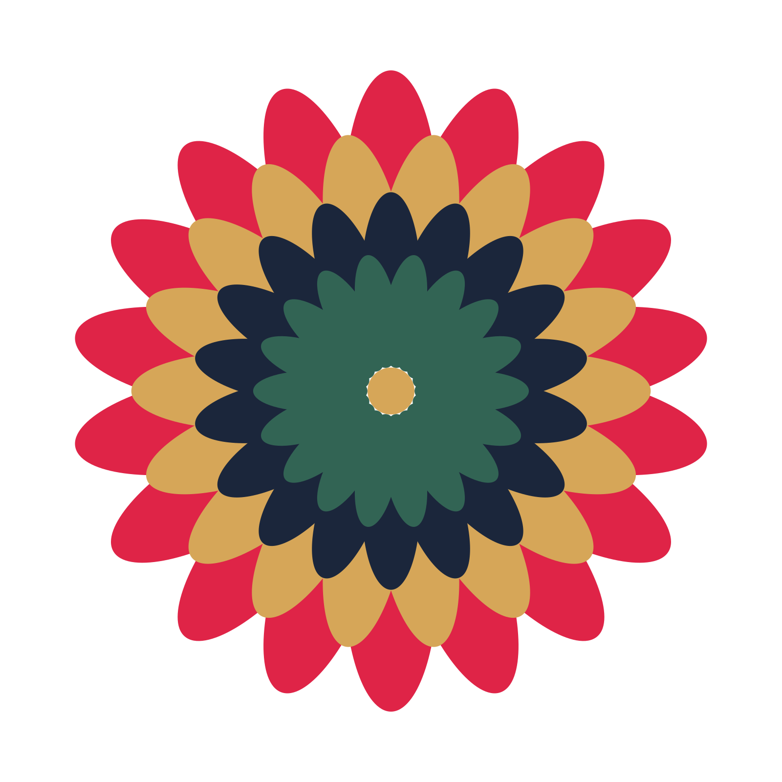 A layered daisy rosette with 18-fold radial symmetry and 4 alternating rings of petals.