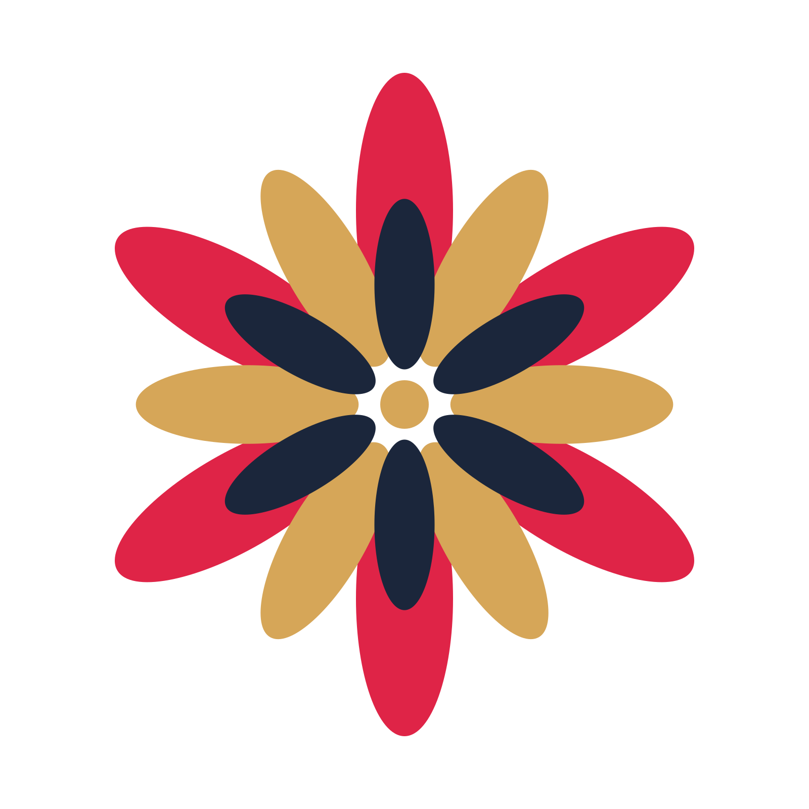 A layered daisy rosette with 6-fold radial symmetry and 3 alternating rings of petals.