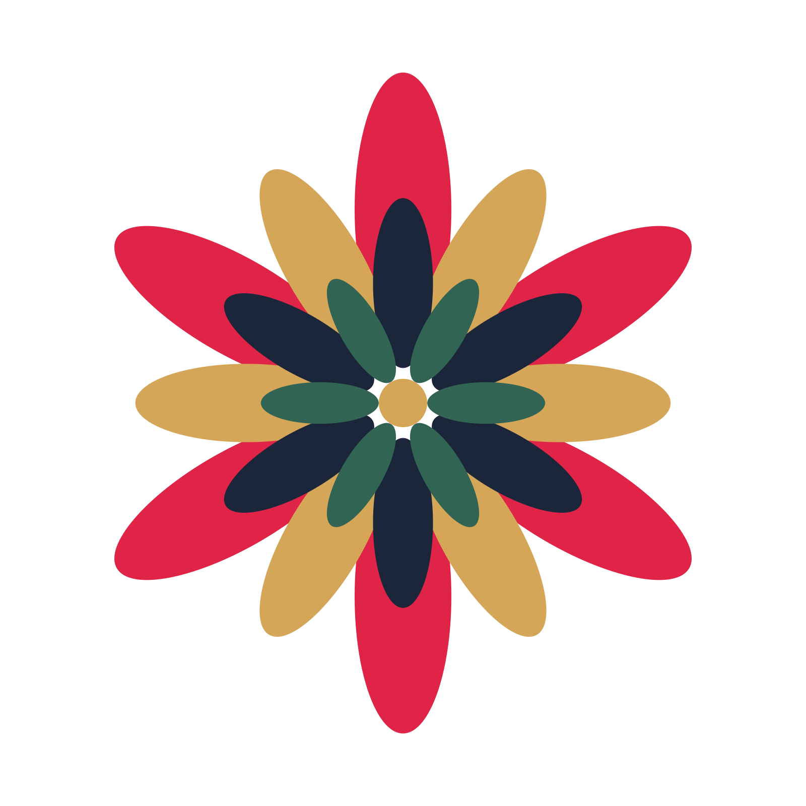A layered daisy rosette with 6-fold radial symmetry and 4 alternating rings of petals.