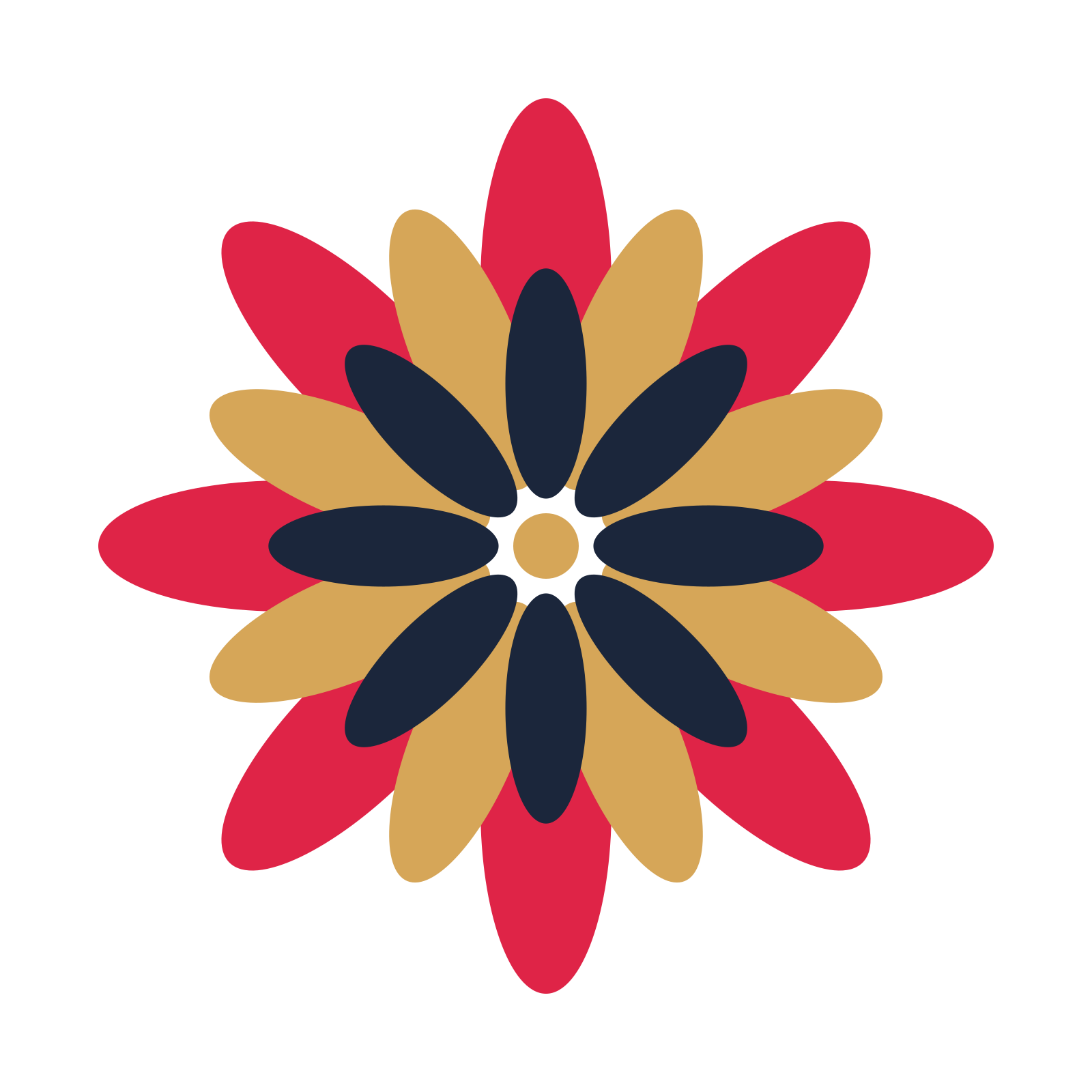 A layered daisy rosette with 8-fold radial symmetry and 3 alternating rings of petals.