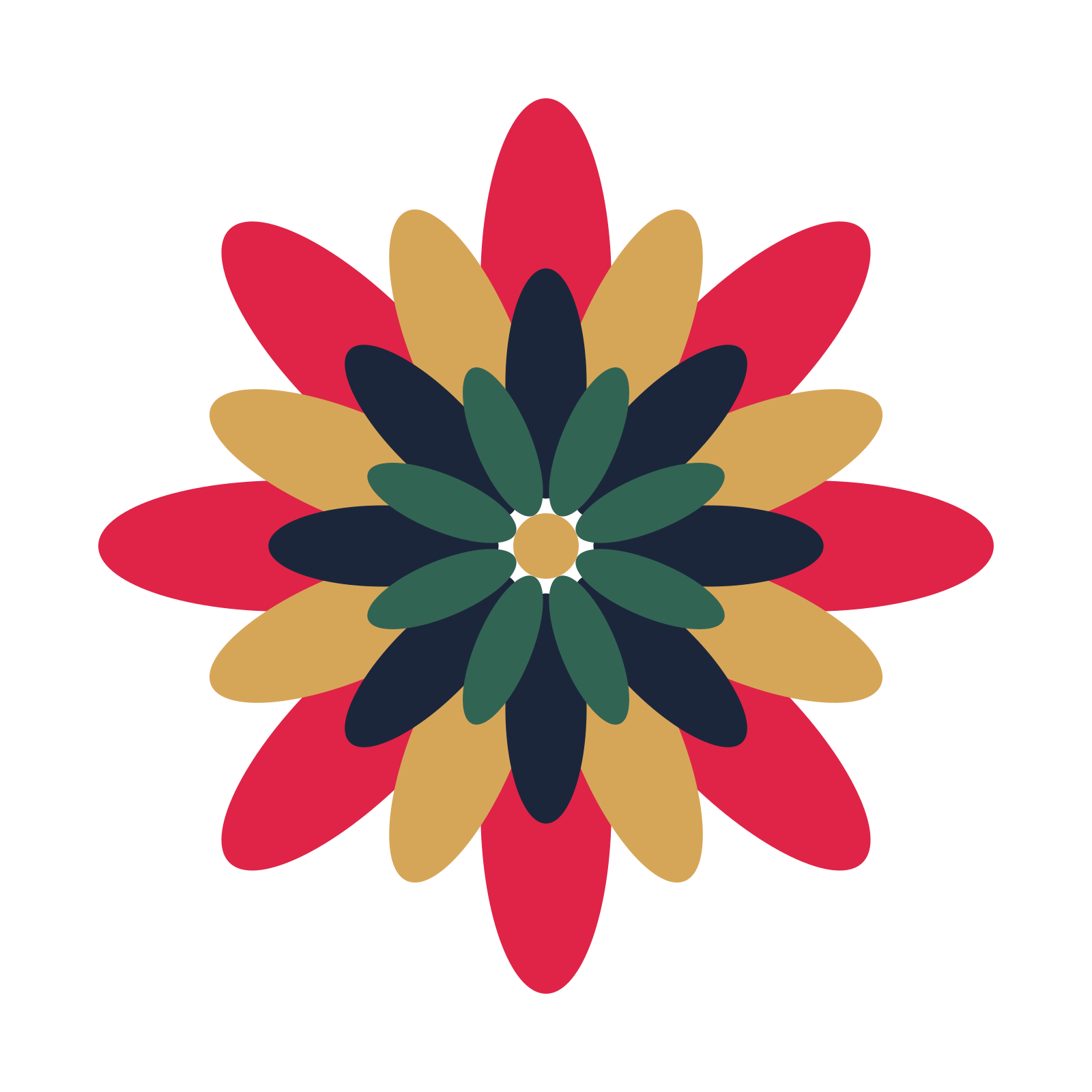 A layered daisy rosette with 8-fold radial symmetry and 4 alternating rings of petals.