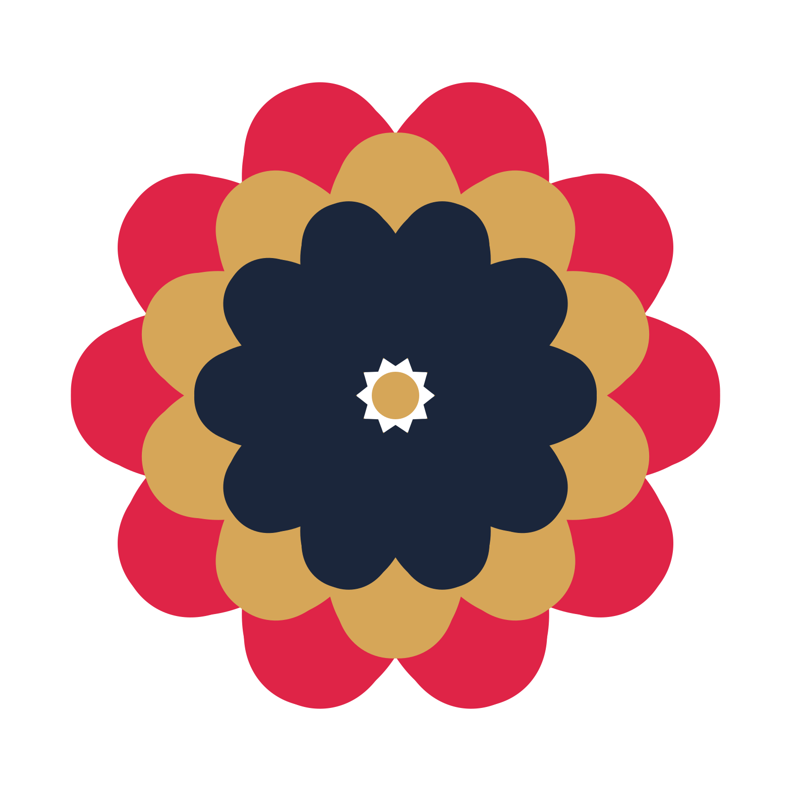 A layered heart rosette with 10-fold radial symmetry and 3 alternating rings of petals.