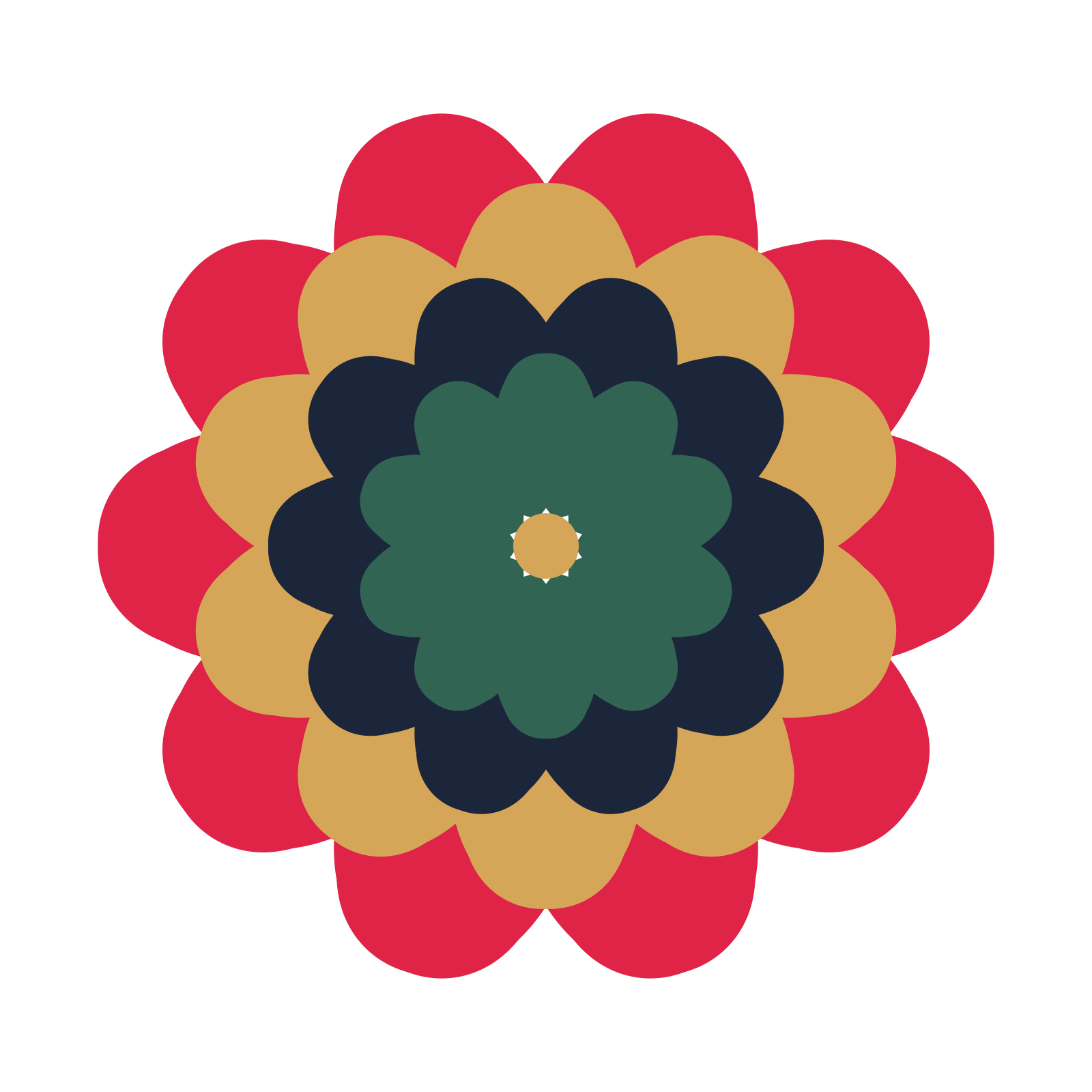 A layered heart rosette with 10-fold radial symmetry and 4 alternating rings of petals.