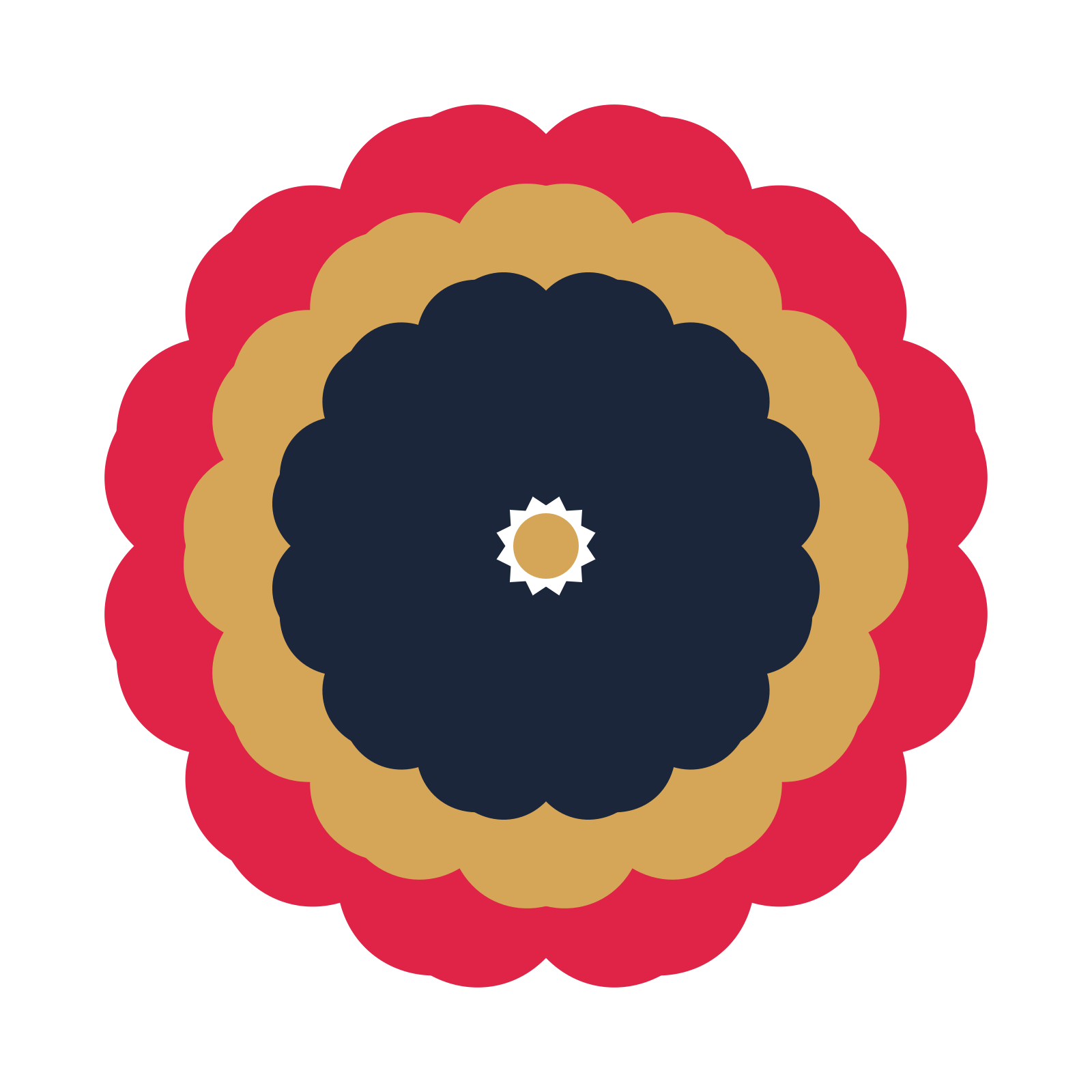 A layered heart rosette with 12-fold radial symmetry and 3 alternating rings of petals.
