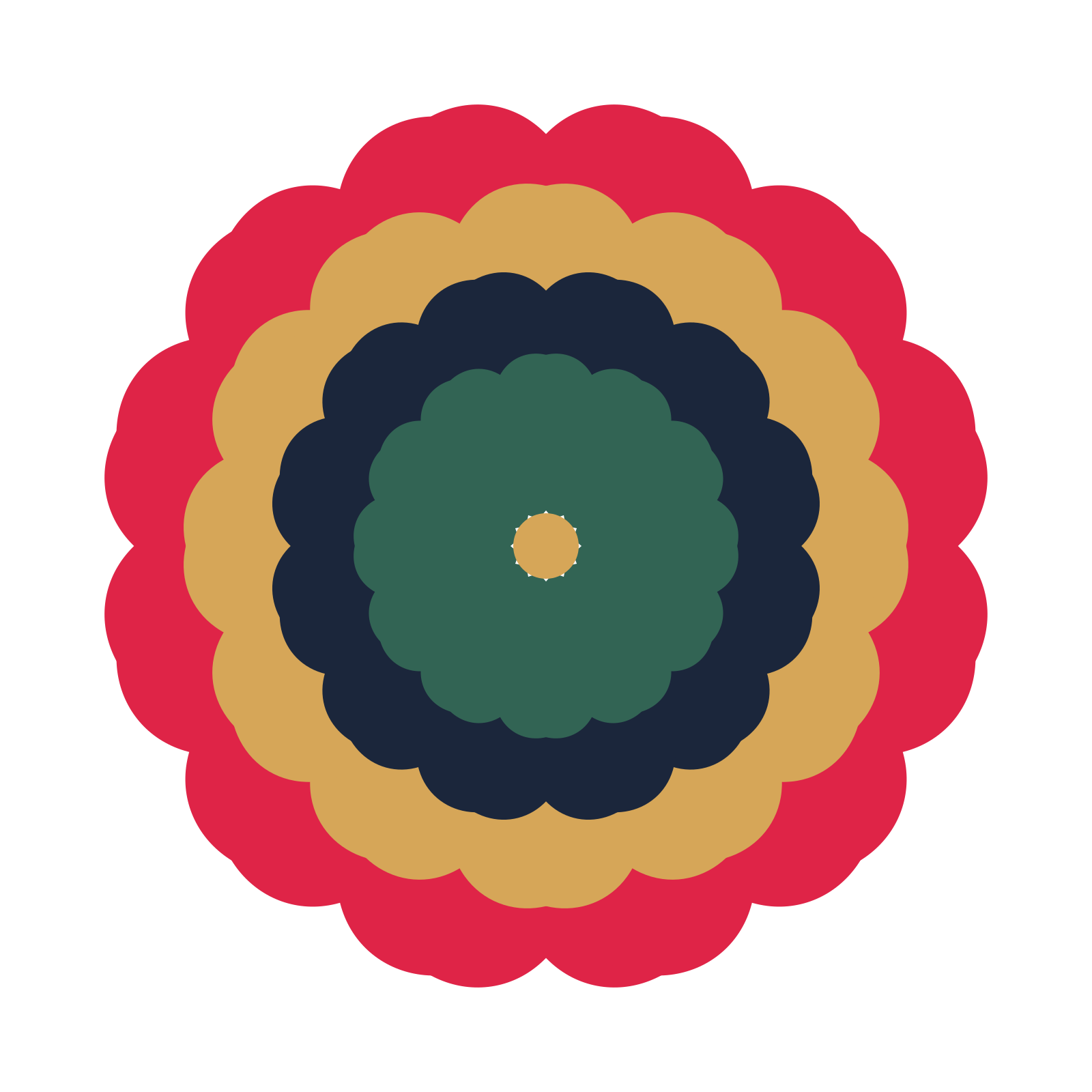 A layered heart rosette with 12-fold radial symmetry and 4 alternating rings of petals.